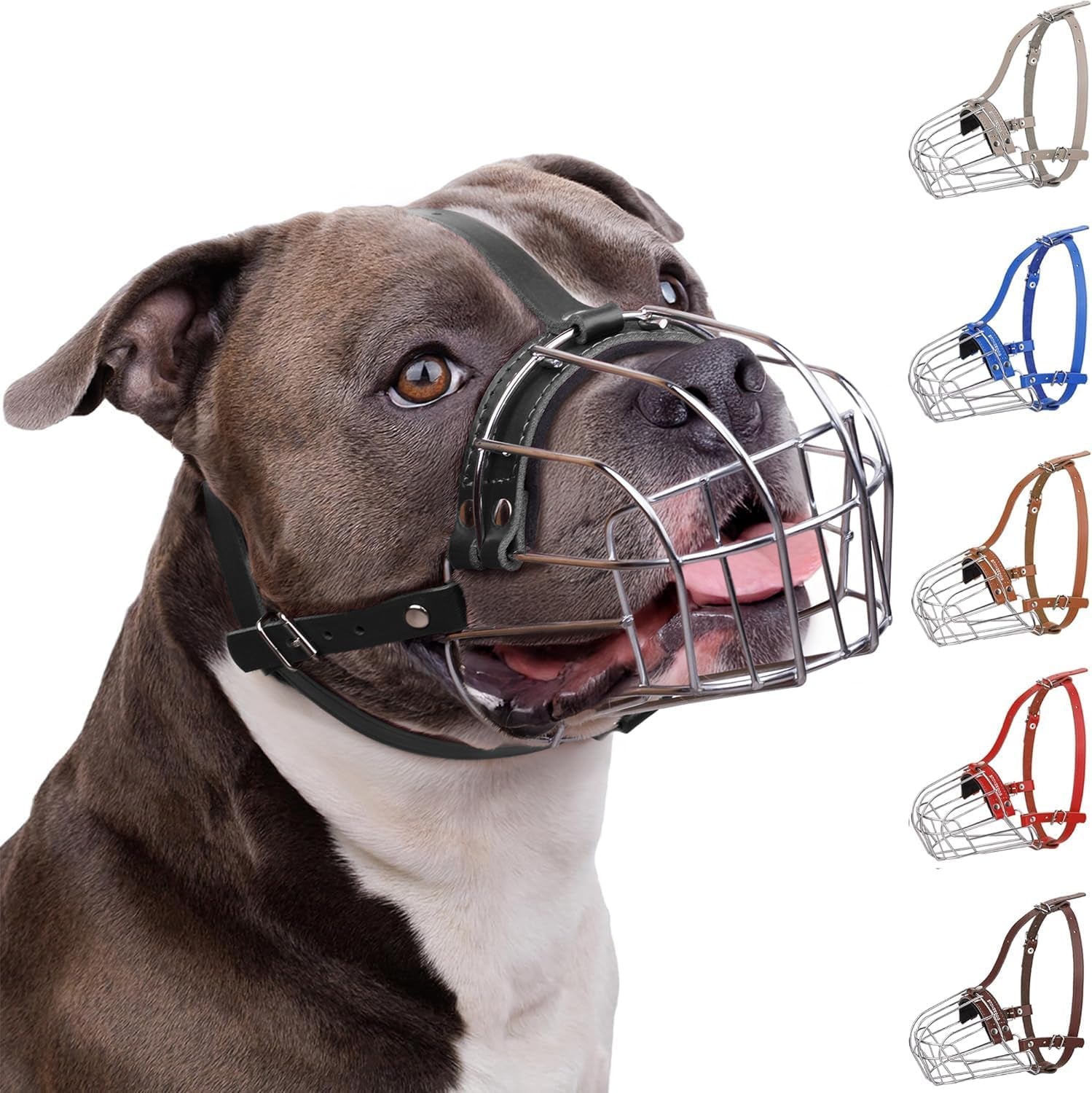 Pitbull Dog Muzzle Breathable Metal Basket for Large Dogs Amstaff Staffordshire Terrier Biting Chewing Barking (Leather, Black)