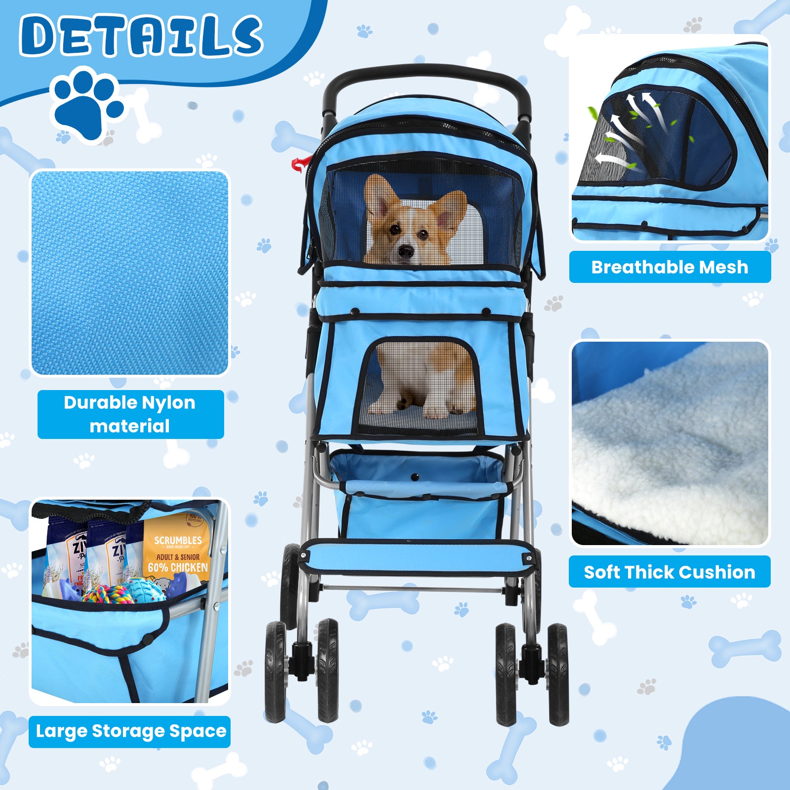 4 Wheels Pet Stroller Folding Cat Dog Stroller Travel Carrier with Cup Holder & Storage Basket, Blue