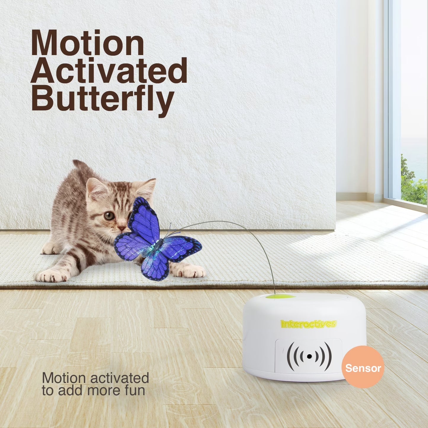 Interactive Cat Butterfly Toy with Motion Sensor, Kitty Flutter Bug Toy Includes One Butterfly Replacement