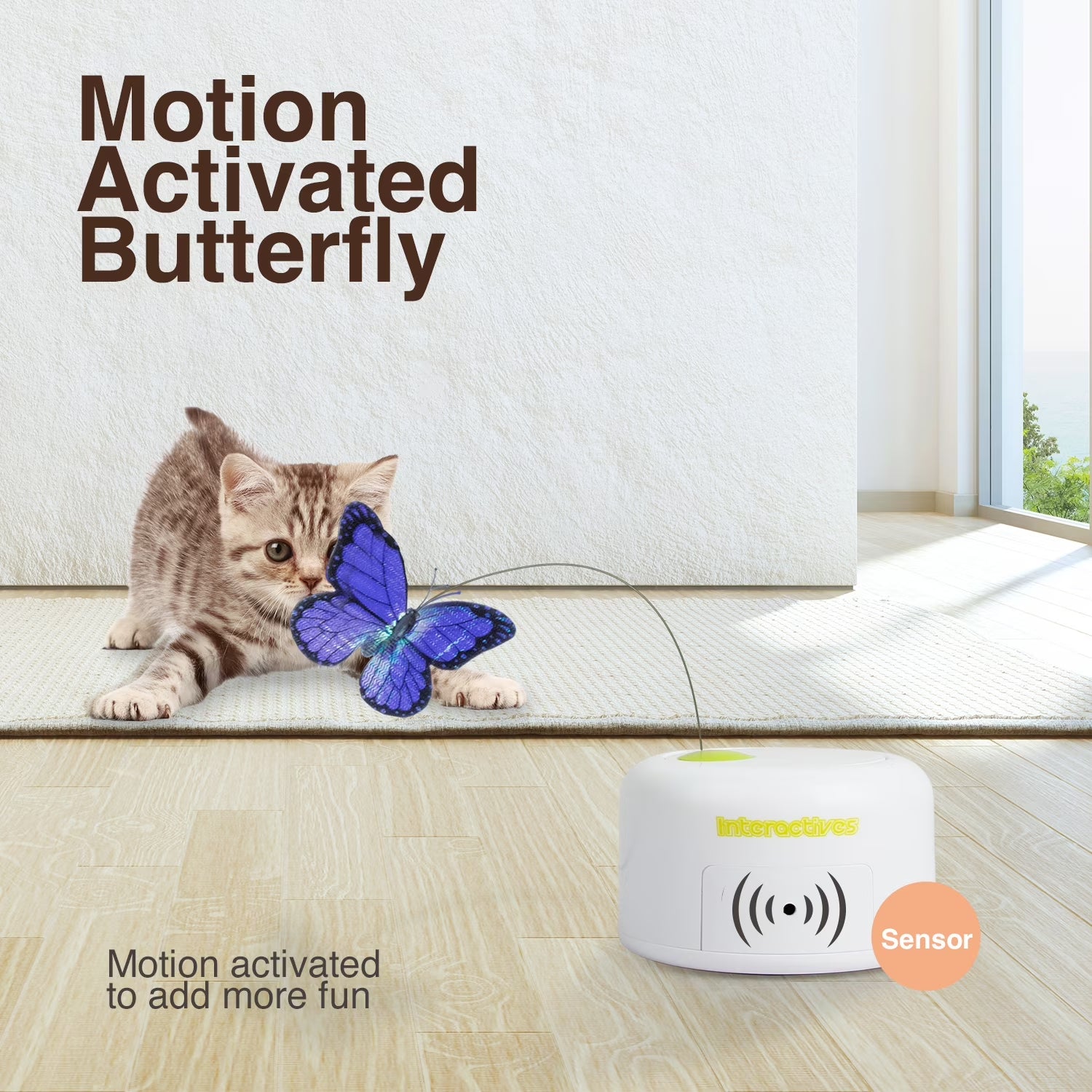 Interactive Cat Butterfly Toy with Motion Sensor, Kitty Flutter Bug Toy Includes One Butterfly Replacement