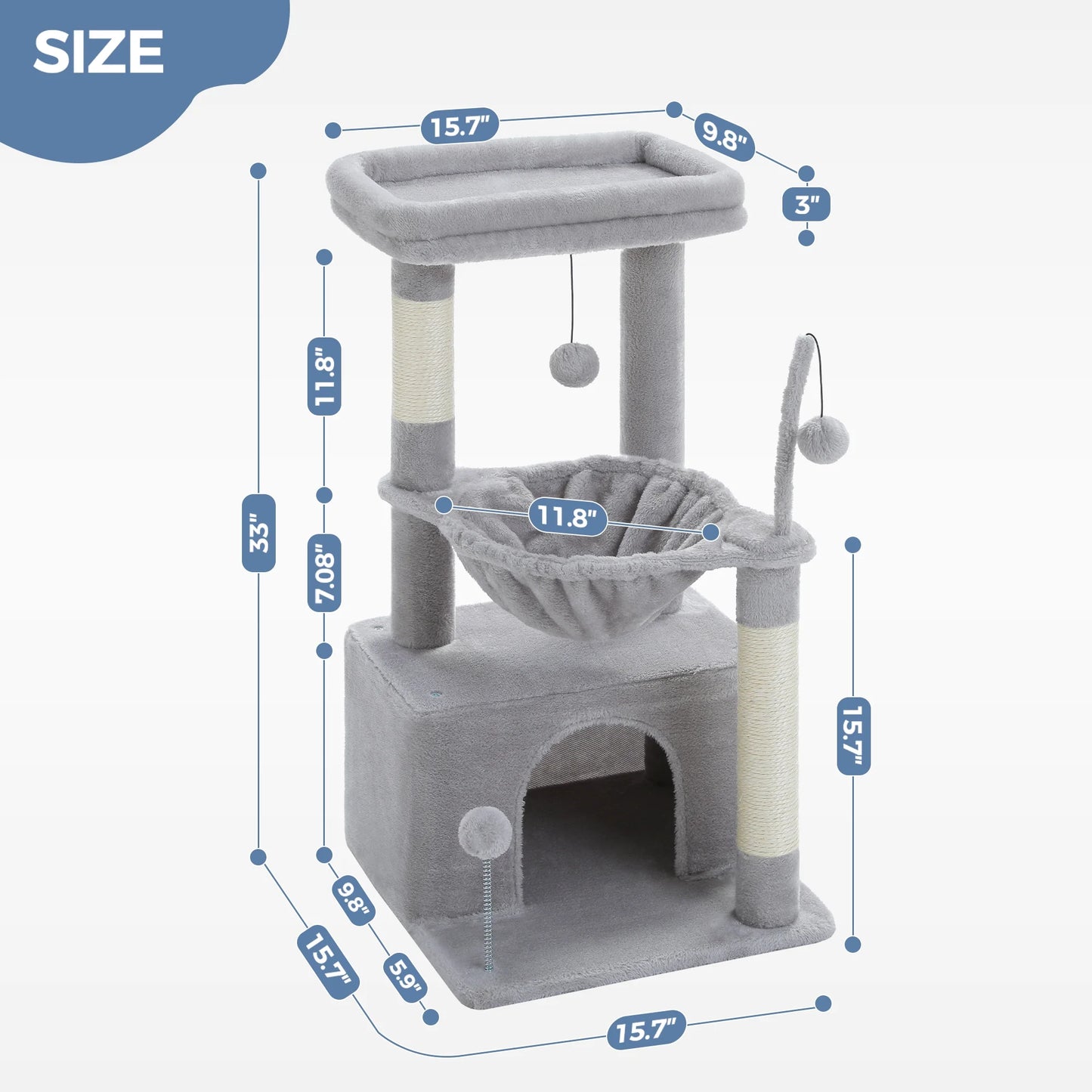 Cat Tree 33" Cat Scratching Posts Tower with Large Top Perch and Hammock for Medium Indoor Cats, Gray