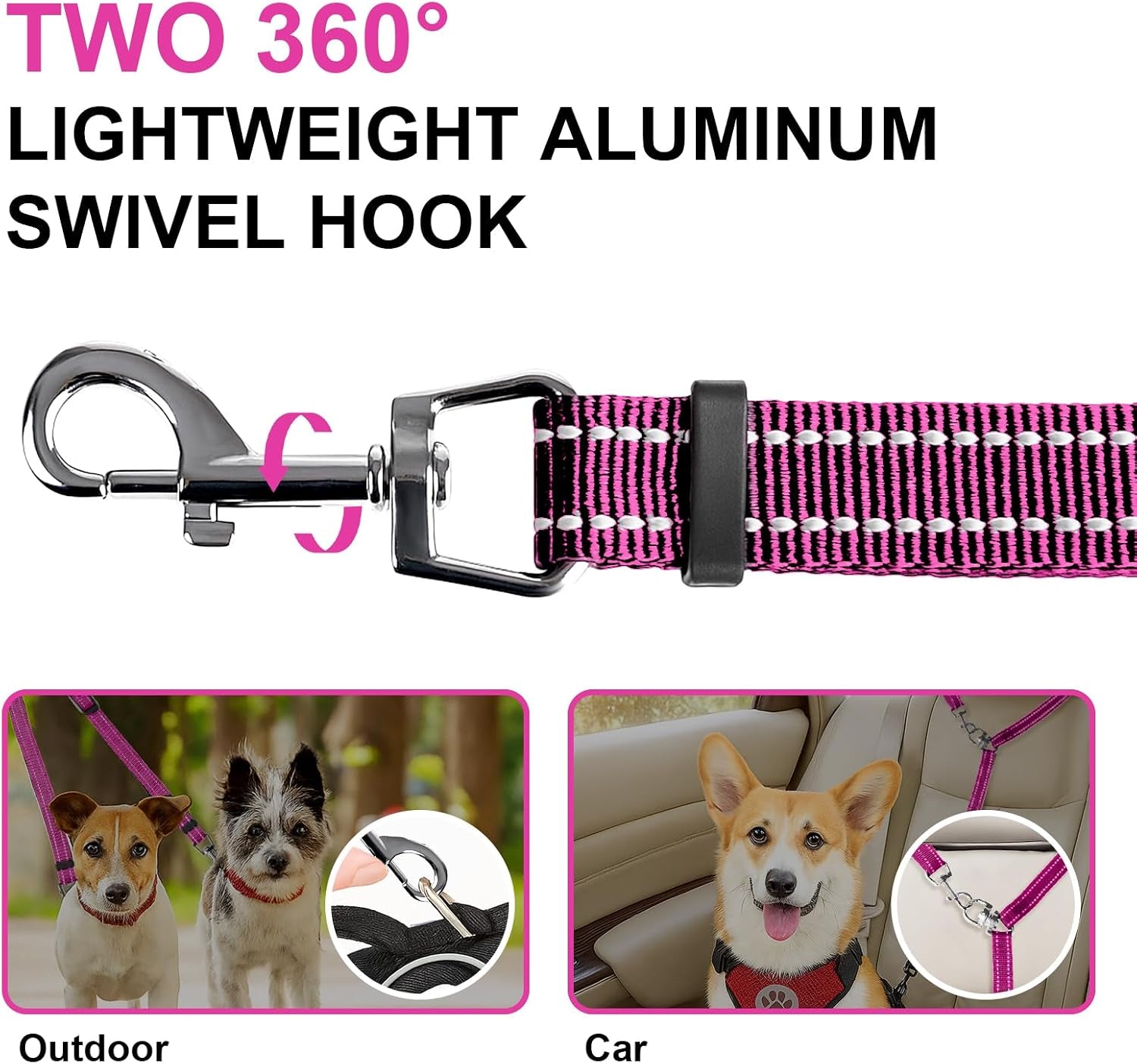 Mingxpet Double Dog Leash for Two Dogs, No Pull Dog Leash, 360° Swivel No Tangle for Small Dogs Walking & Training, Shock Absorbing Reflective Bungee, Rose