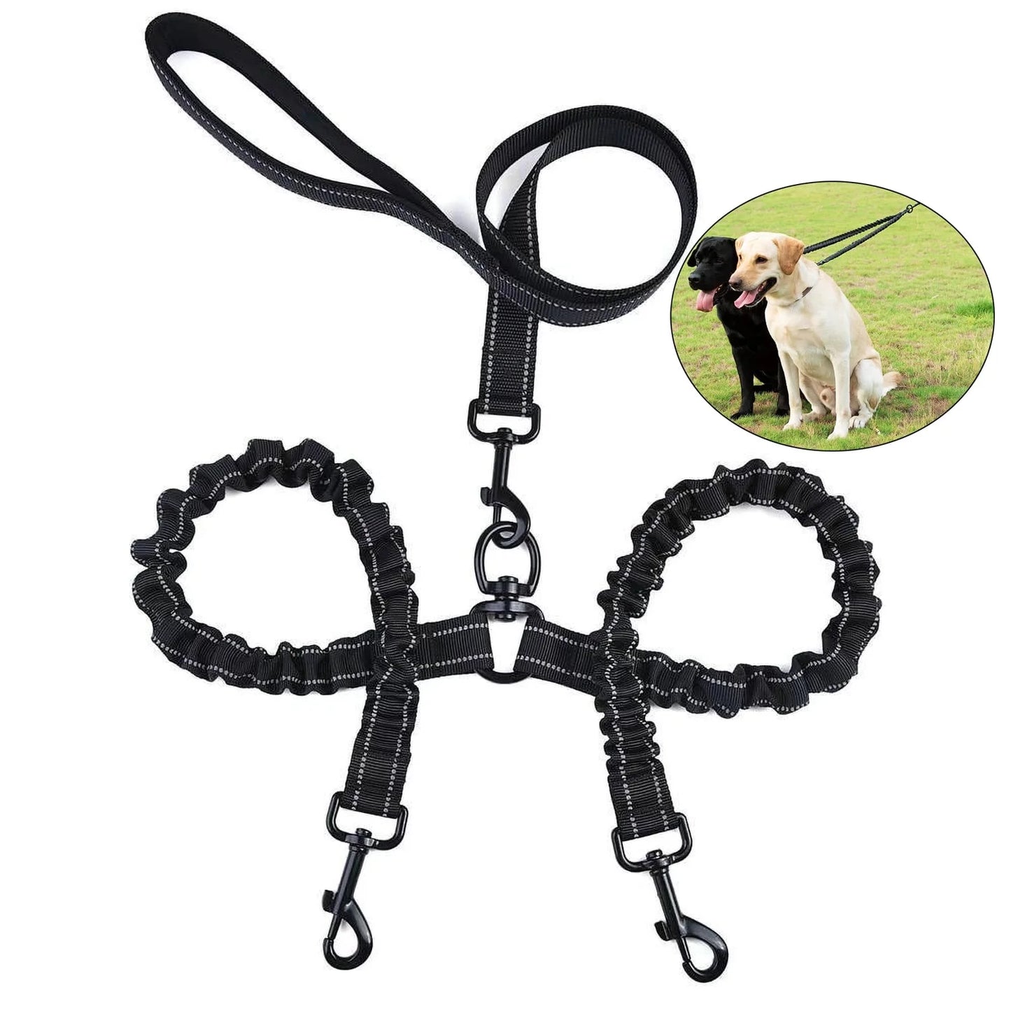 Dual Dog Leash, Double Dog Leash, 360 Swivel No Tangle Walking Leash, Shock Absorbing Bungee for Two Dogs, Black, Large (25-120 Lbs)