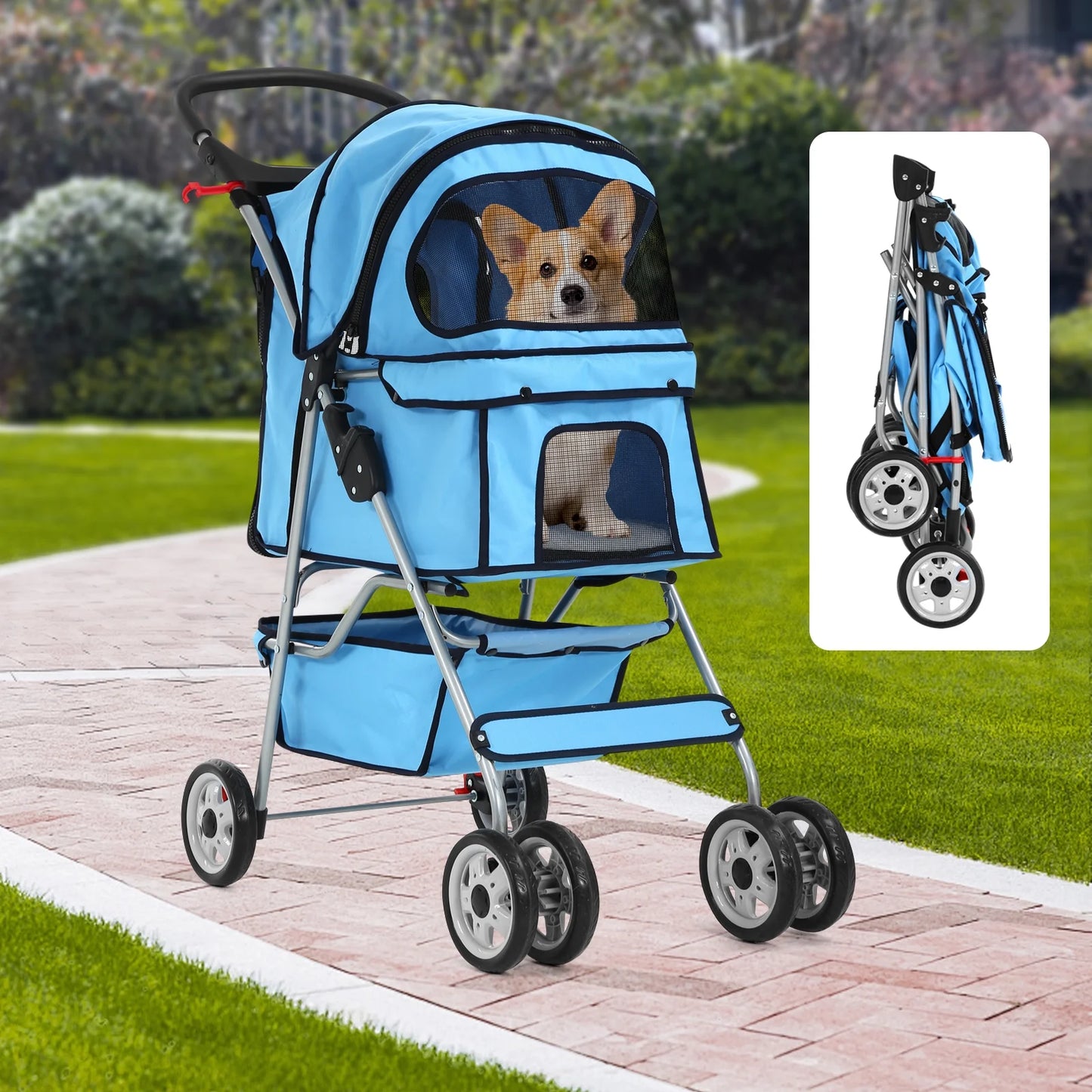 4 Wheels Pet Stroller Folding Cat Dog Stroller Travel Carrier with Cup Holder & Storage Basket, Blue