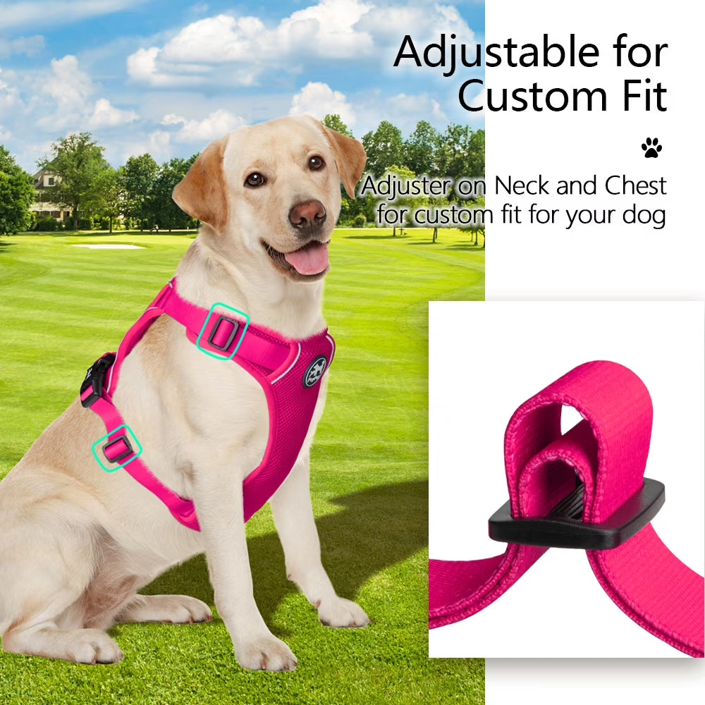 Dog Harness Adjustable Soft Breathable Mesh Pet Harness No Pull Choke-Free Double Padded Vest for Small Medium and Large Dogs,Fuchsia XL