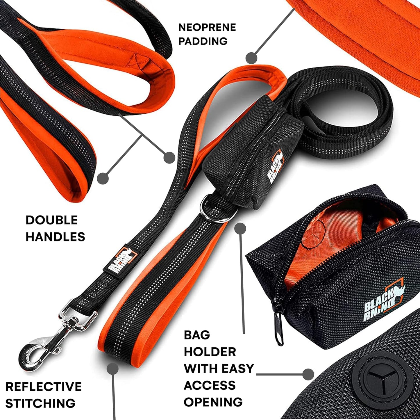 Heavy Duty Dog Leash for Medium and Large Dogs - 6 Ft Long Double Handle Leash with Padded Traffic Control Handles and Bag - Reflective, Durable, and Weather Resistant (Orange)
