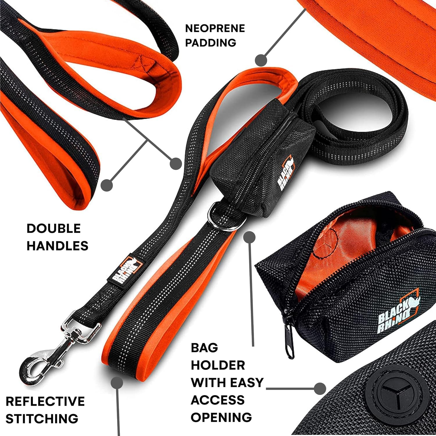 Heavy Duty Dog Leash for Medium and Large Dogs - 6 Ft Long Double Handle Leash with Padded Traffic Control Handles and Bag - Reflective, Durable, and Weather Resistant (Orange)