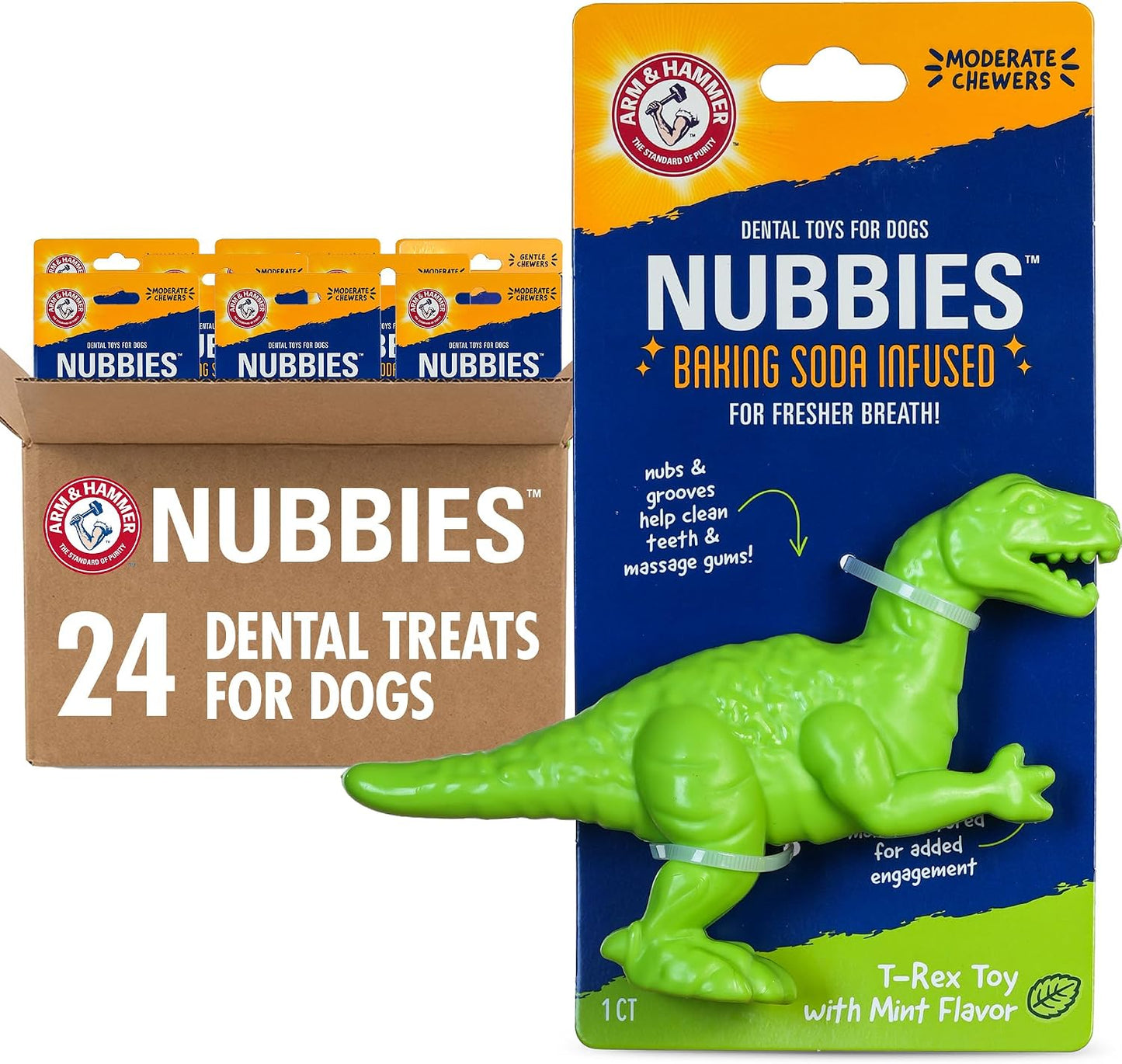 Nubbies Denta-Saurus T-Rex Dog Dental Chew Toy, Mint Flavor, for Moderate Chewers, Nylon, Reduces Plaque and Tartar without Brushing, Baking Soda Infused - 24 Pack