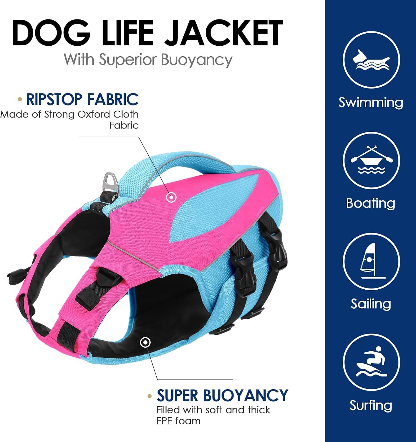 Dog Life Jacket, Dog Life Vests for Swimming Boating, High Buoyancy Pet Swim Vest Swimsuit with Rescue Handle and Reflective Strips, Adjustable Pet Lifesaver for Dogs (Hot Pink with Blue L)