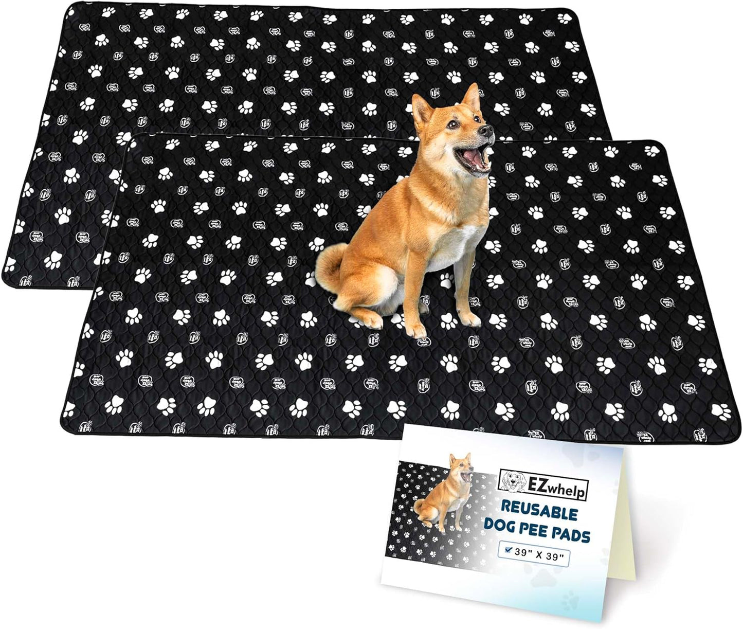 Reusable Dog Pee Pads, Washable Waterproof Mats for Dog Potty Training or Whelping Pads, 39X39 Inch, 2 Pack