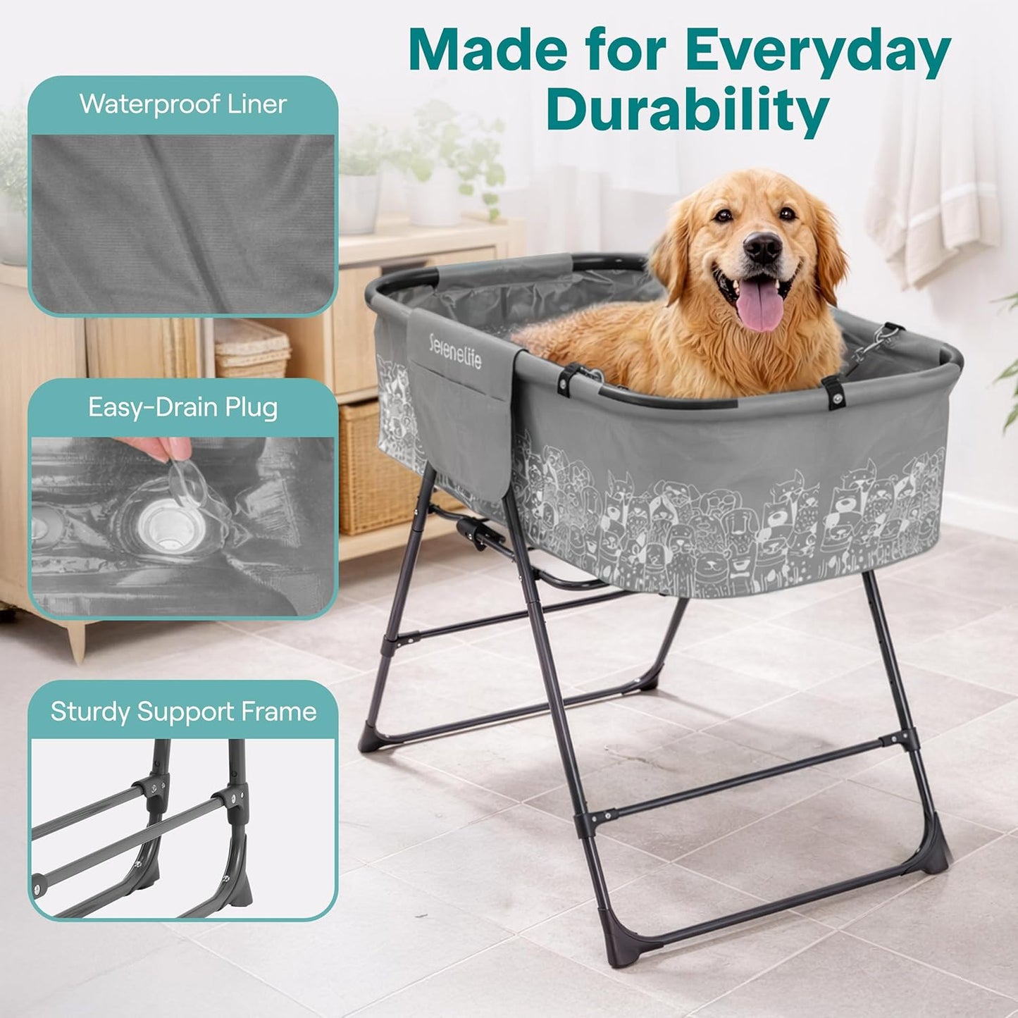 Foldable Dog Bath Tub with Adjustable Height, 360° Access, Drain Hose & Storage Pockets – 130 Lb Capacity Grooming Station for Indoor/Outdoor Use (Gray)
