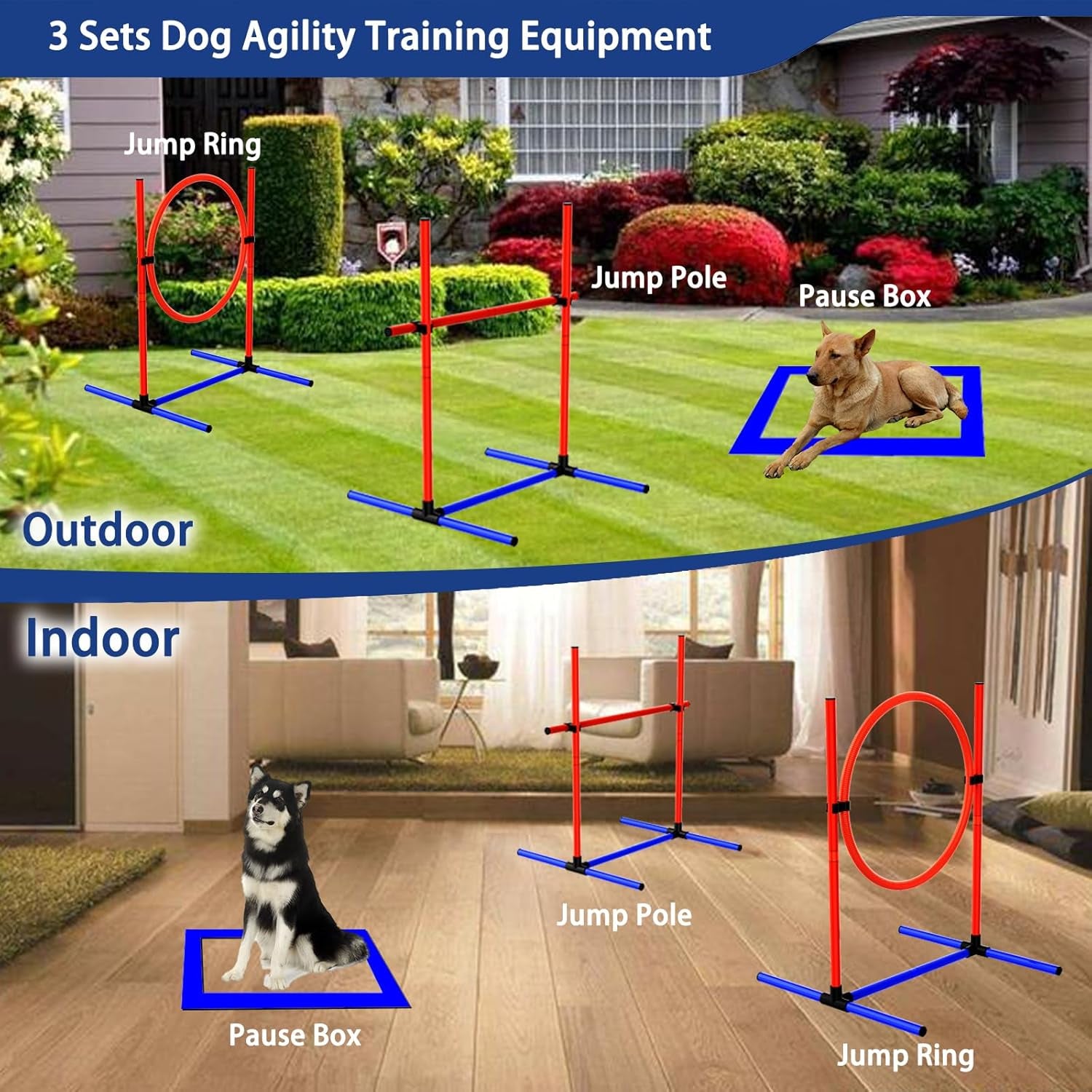 Dog Agility Set, Jump Ring, Poles, Pause Box & Storage Bag (3 Sets)
