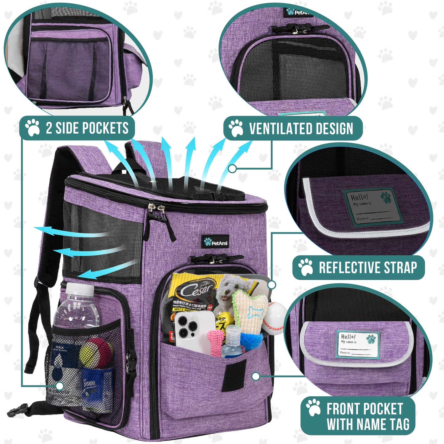Dog Backpack Carrier, Airline Approved Cat Backpacks for Carrying Small Large Cats, Pet Carrier Back Pack, Ventilated Soft Sided for Travel, Hiking, Camping, Max 18 Lbs, Purple