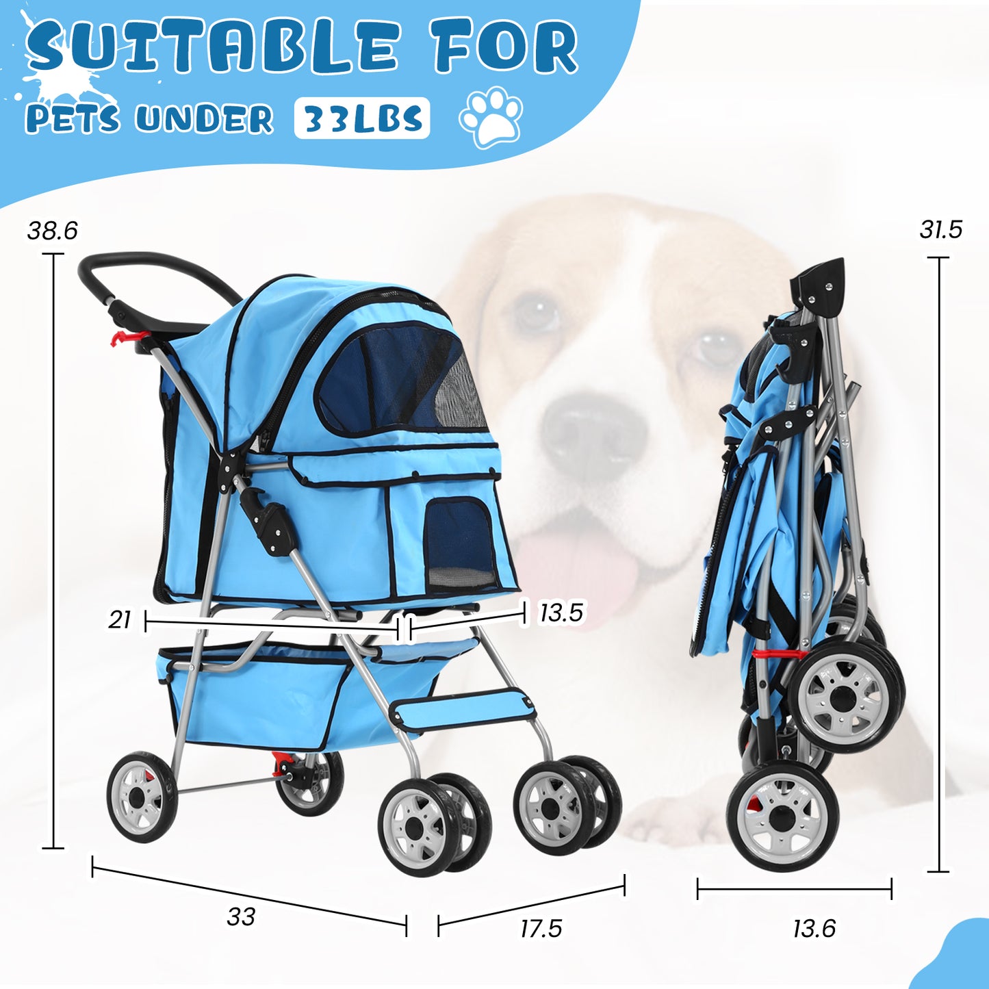 4 Wheels Pet Stroller Folding Cat Dog Stroller Travel Carrier with Cup Holder & Storage Basket, Blue