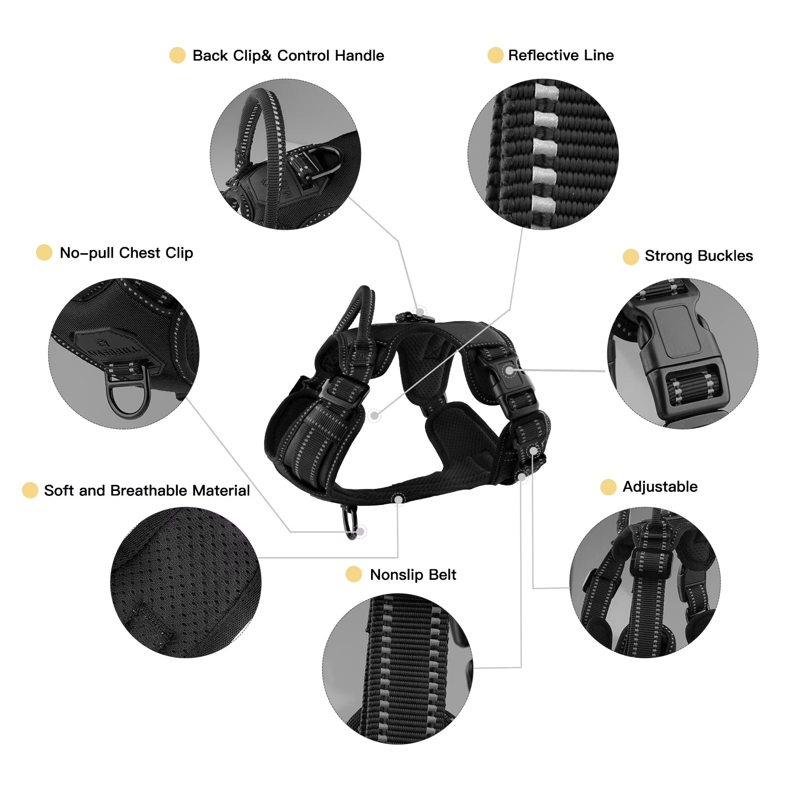 Reflective Dog Harness No Pull Dog Vest Harness with Handle, Breathable Padded Dog Chest Harness Adjustable for Medium Dog-Black M