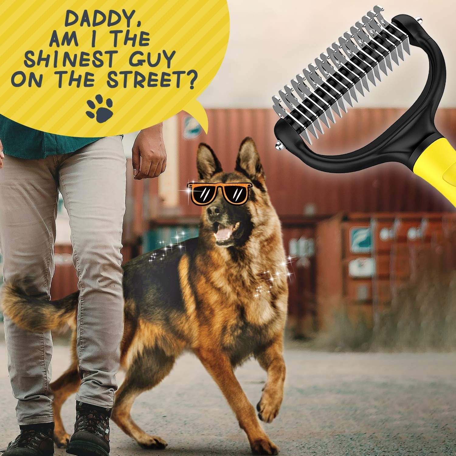 Brush Dog Brush - Double Sided Undercoat Rake for Dogs and Cats, Safe and Gently Dog Brush for Shedding and Dematting, Shedding Comb for Mats & Pet Dematting Tool for Grooming-Yellow
