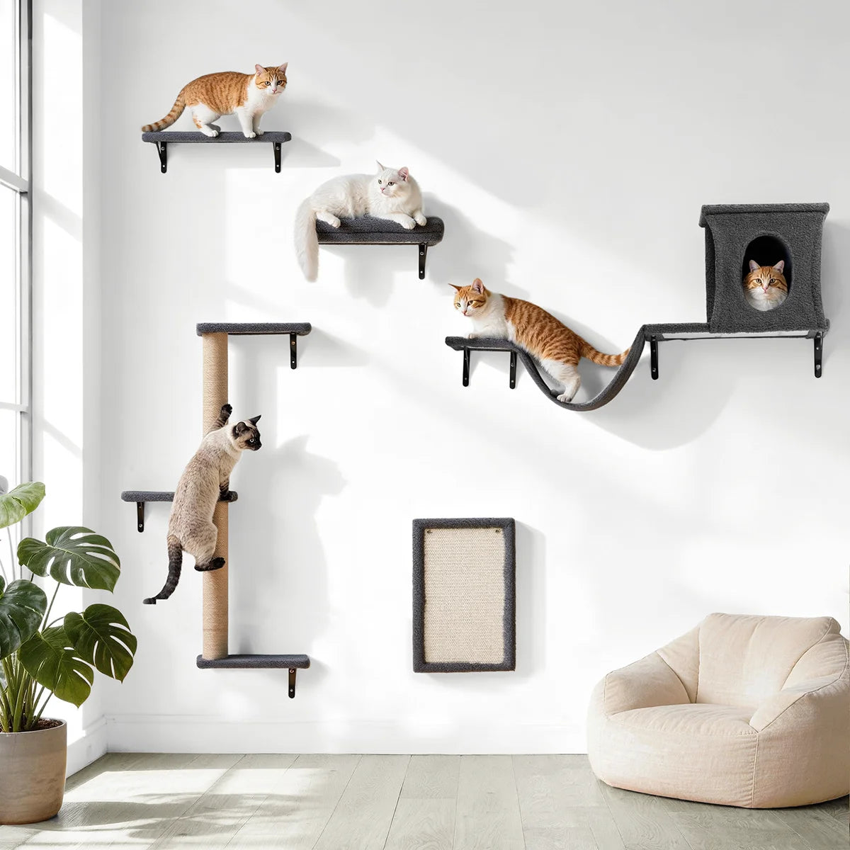 Cat Wall Shelves Perches Set,  5 in 1 Wall Furniture, Sleeping Playing Lounging Climbing Wall-Mounted Cat Tree House for Multiple Cats