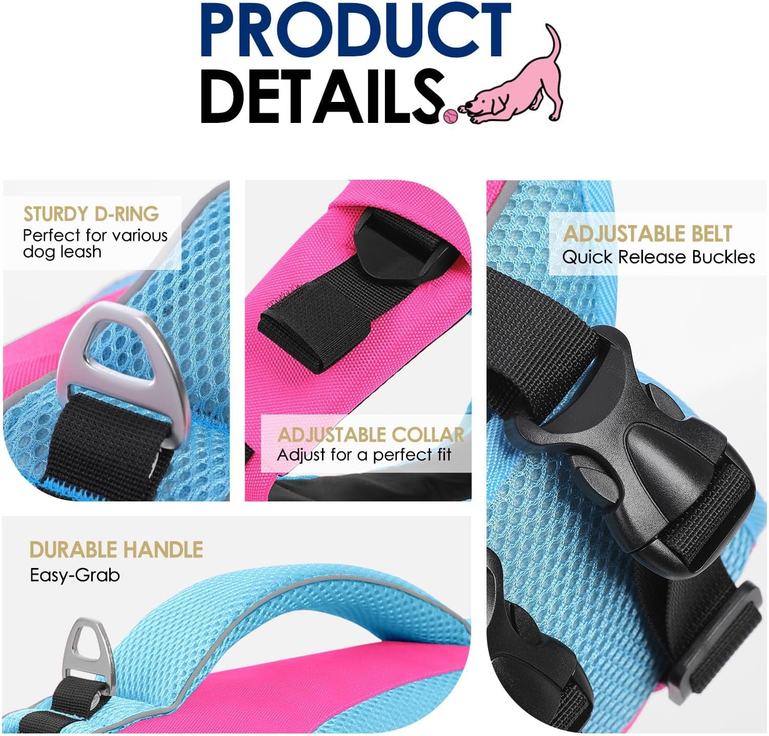Dog Life Jacket, Dog Life Vests for Swimming Boating, High Buoyancy Pet Swim Vest Swimsuit with Rescue Handle and Reflective Strips, Adjustable Pet Lifesaver for Dogs (Hot Pink with Blue L)