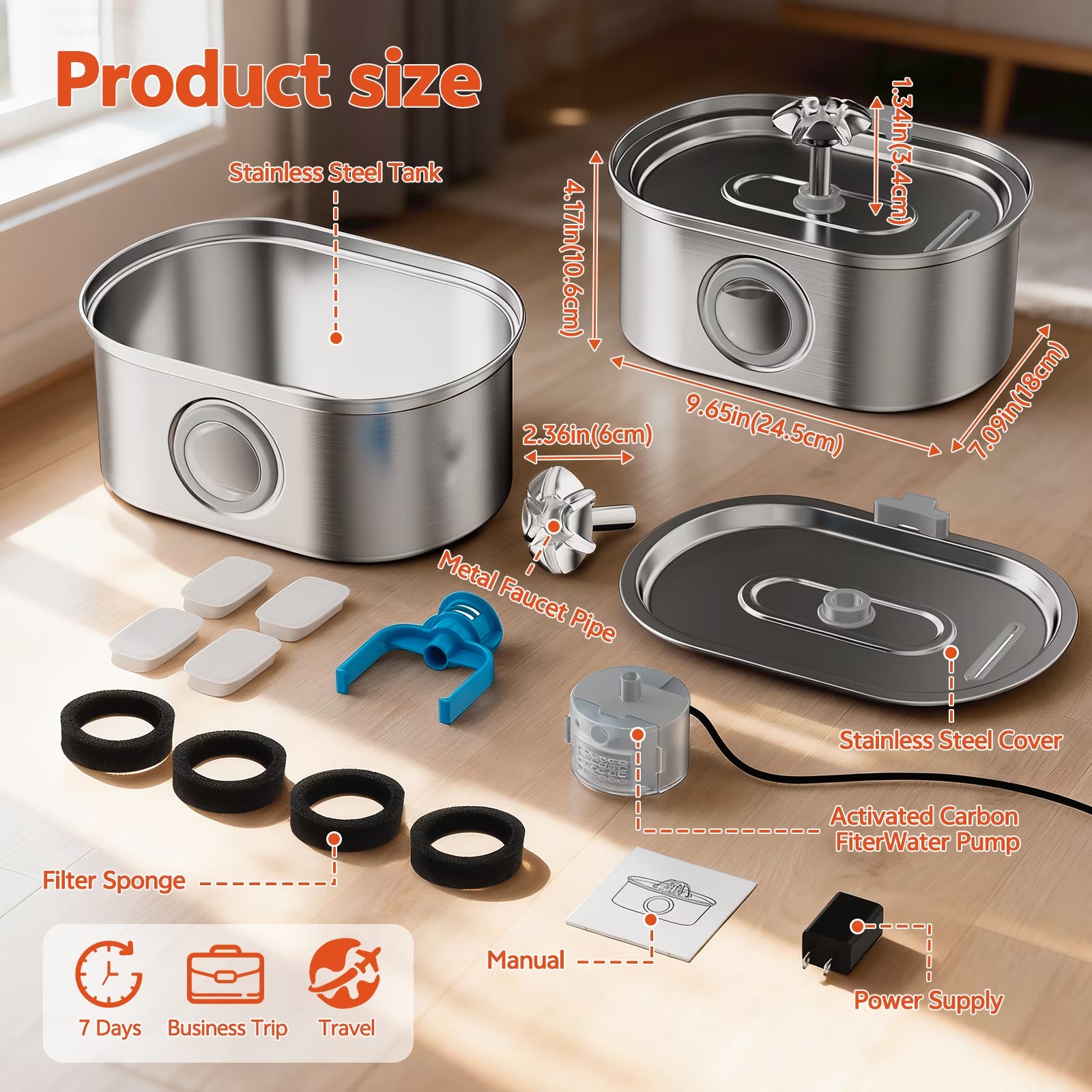 Cat Water Fountain Stainless Steel,  108Oz/3.2L Pet Fountain with Water Level Window,Automatic Water Dispenser for Cats and Dogs, Electric Drinking Bowl Suitable for Multiple Pets, Silver