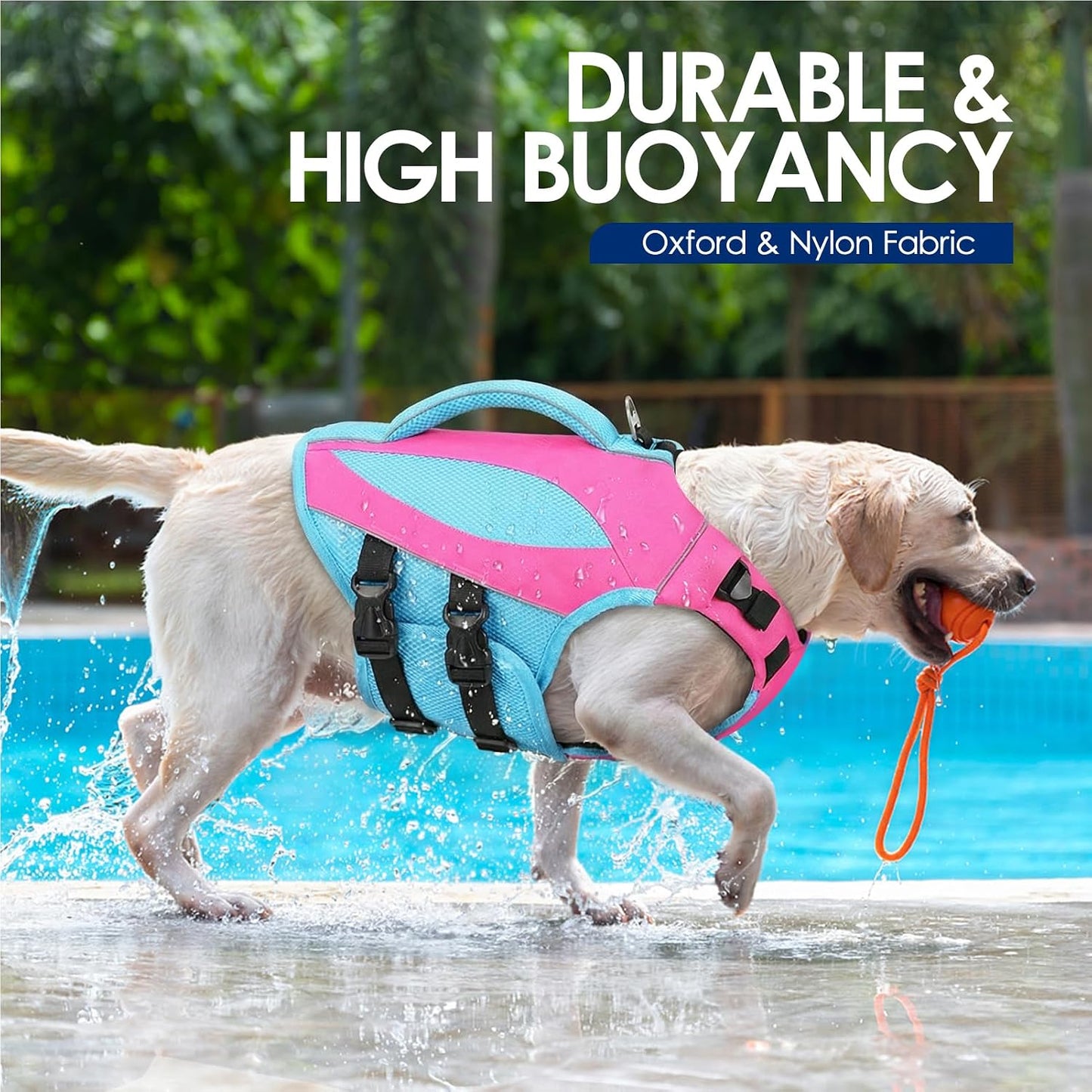 Dog Life Jacket, Dog Life Vests for Swimming Boating, High Buoyancy Pet Swim Vest Swimsuit with Rescue Handle and Reflective Strips, Adjustable Pet Lifesaver for Dogs (Hot Pink with Blue L)
