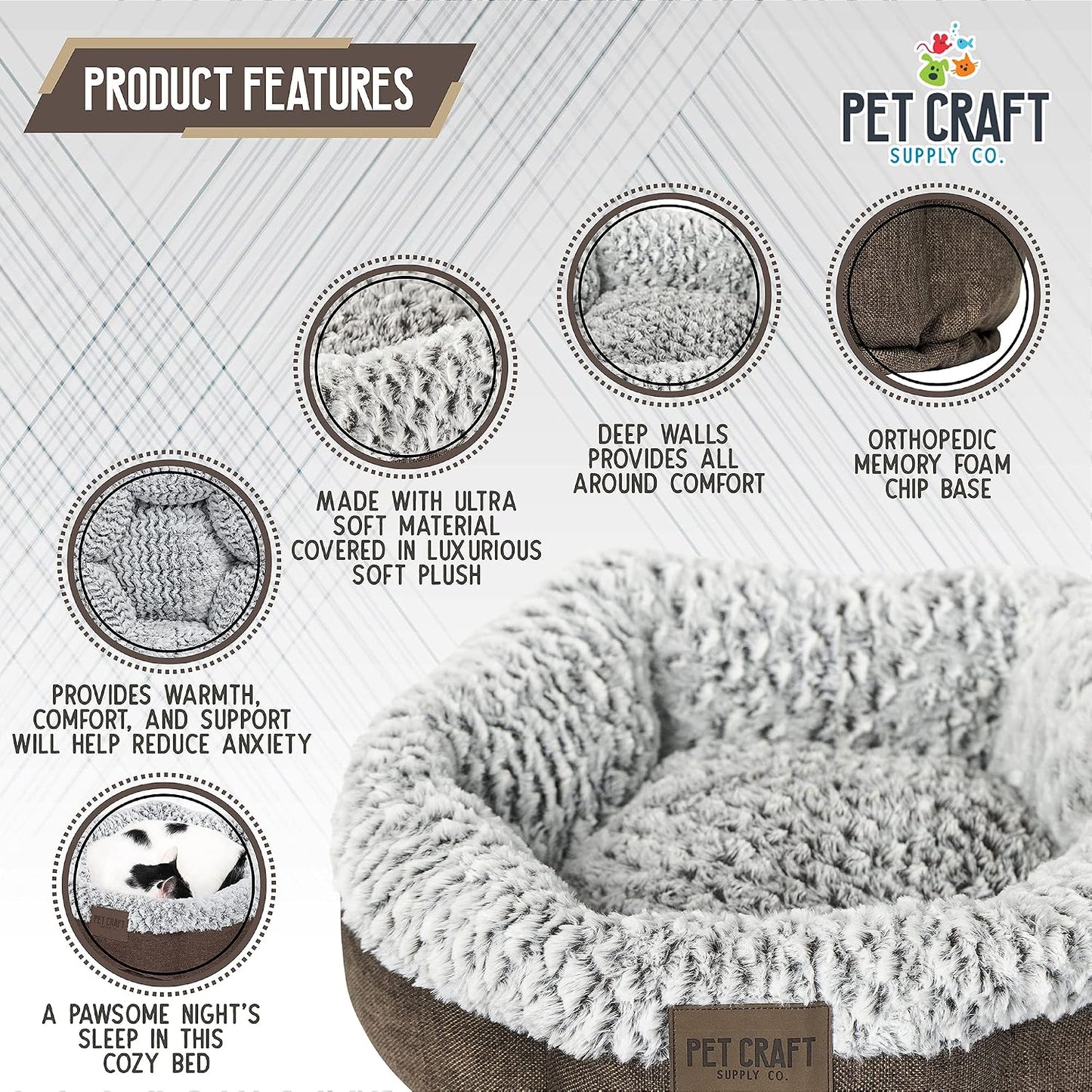 Soho round Cat Bed for Indoor Cats, Ultra Soft Plush, Memory Foam, Machine Washable, Calming Cat Bed,Brown, Small