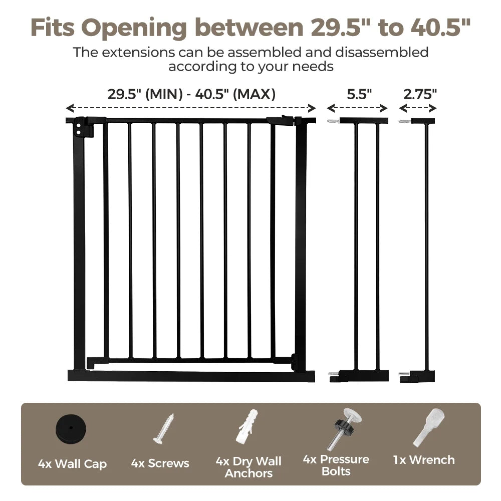 Baby Safety Gate, Dog Gates for Top Stairs Doorway, 29.5''- 40.5''Wide Pressure Mount, Black