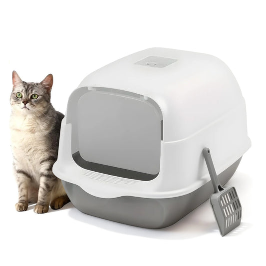 Cat Litter Box with Lid, Enclosed Cat Box with Litter Scoop and Odor Filter, Covered Litter Box for Indoor Cats Easy to Clean, Grey