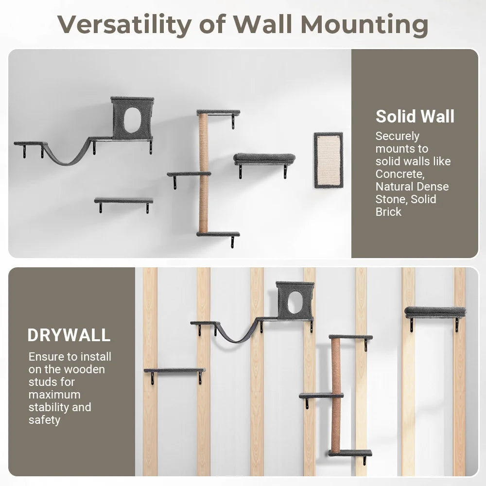 Cat Wall Shelves Perches Set,  5 in 1 Wall Furniture, Sleeping Playing Lounging Climbing Wall-Mounted Cat Tree House for Multiple Cats