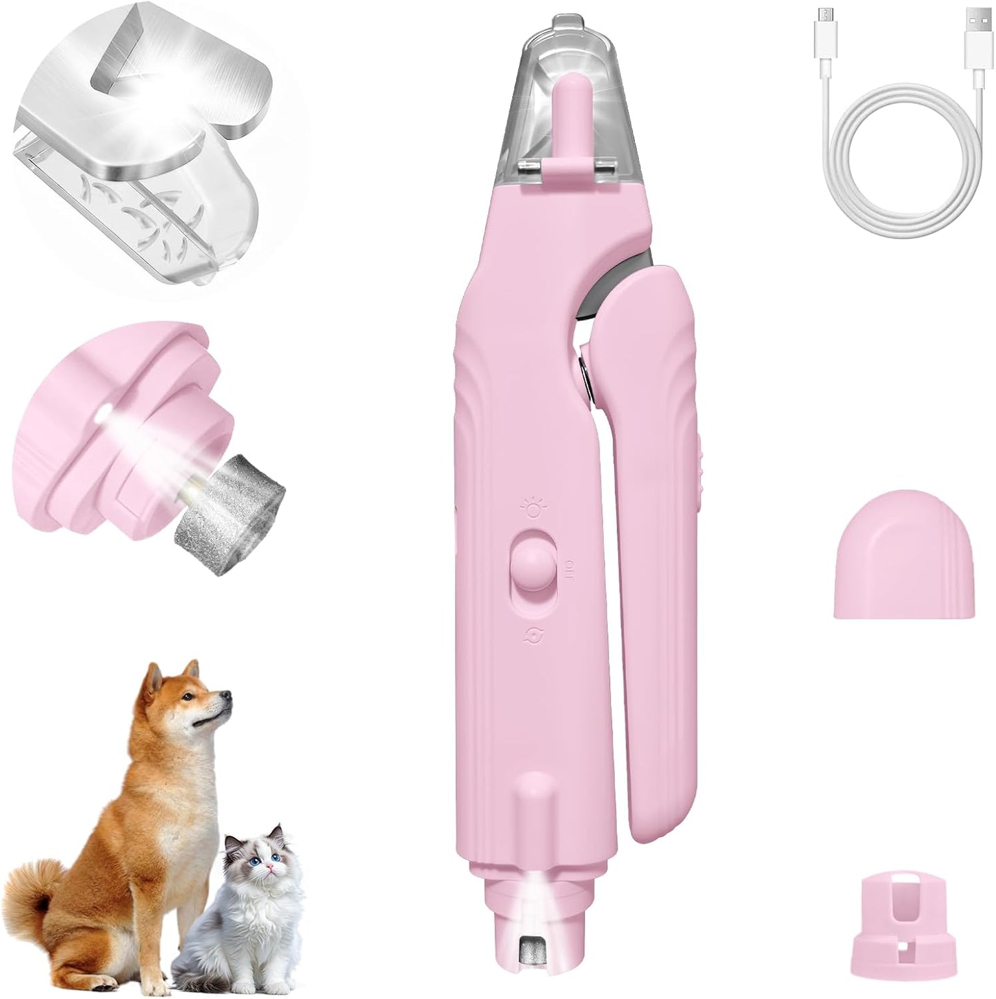 2-In-1 Dog Nail Clippers and Cat Nail Clippers with Light, Quick Sensor and Safety Guard, USB Rechargeable Pet Nail Trimmer with 2 LED Lights for Large Medium Small Dogs and Cats (Pink)