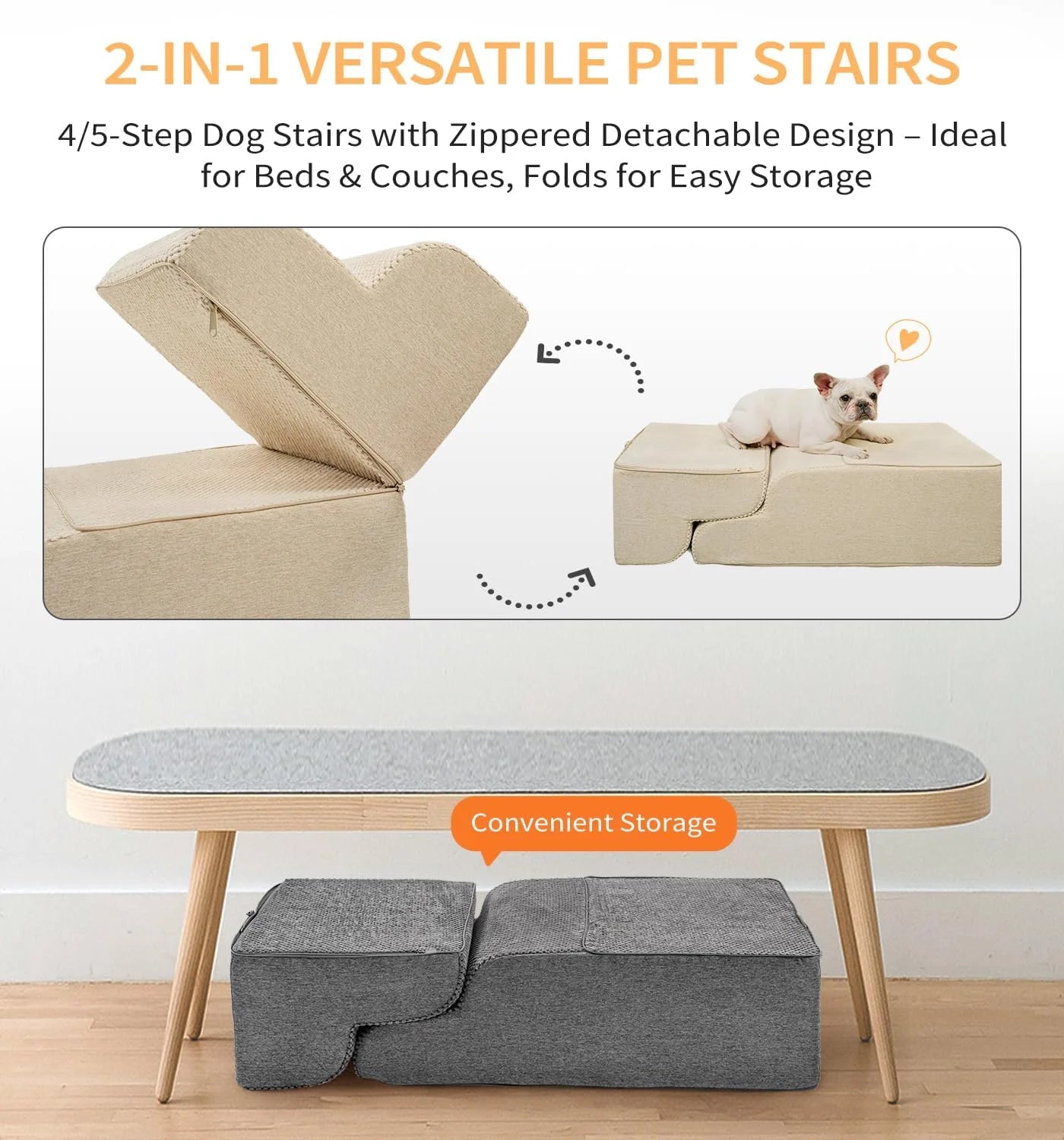 Dog Stairs Ramp for Bed, 4-Step Dog Steps for High Bed Couch Sofa Climbing, Beige