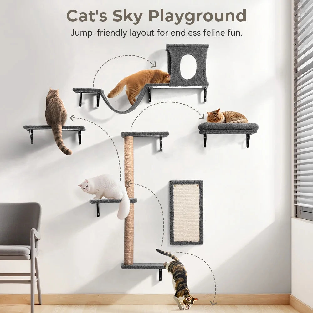 Cat Wall Shelves Perches Set,  5 in 1 Wall Furniture, Sleeping Playing Lounging Climbing Wall-Mounted Cat Tree House for Multiple Cats