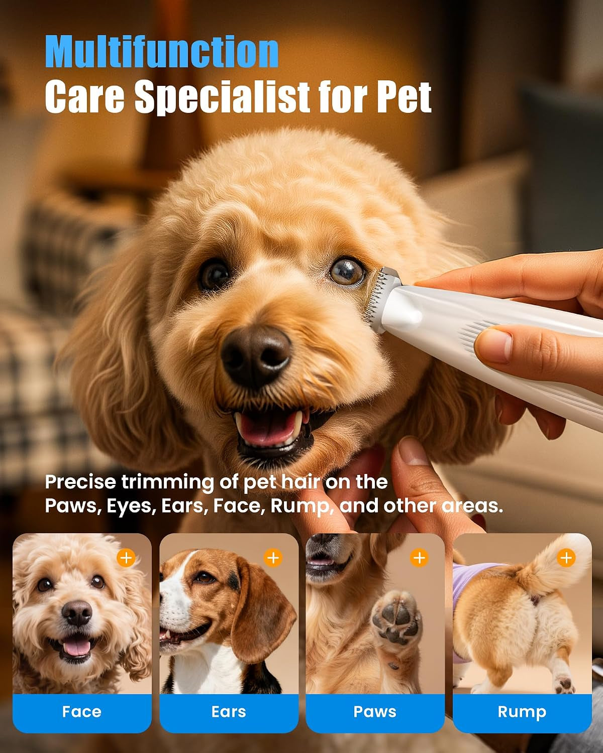 Professional Dog Paw Trimmer with LED Light, New Upgraded 35Db Low-Noise Pet Paw Trimmers for Dog'S Feet, 2-Speed Electric Paw Cleaner Grooming Clippers for Dogs,Paws, Ears, Face, Rump (White)