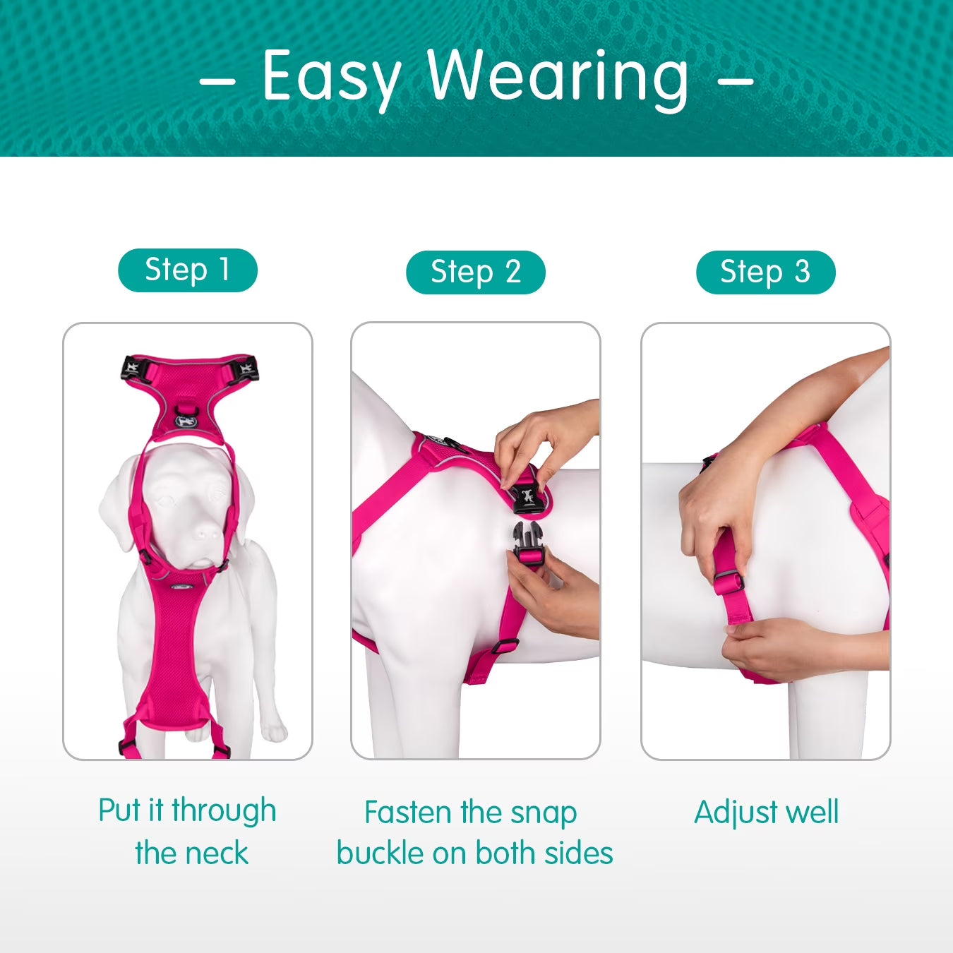 Dog Harness Adjustable Soft Breathable Mesh Pet Harness No Pull Choke-Free Double Padded Vest for Small Medium and Large Dogs,Fuchsia XL