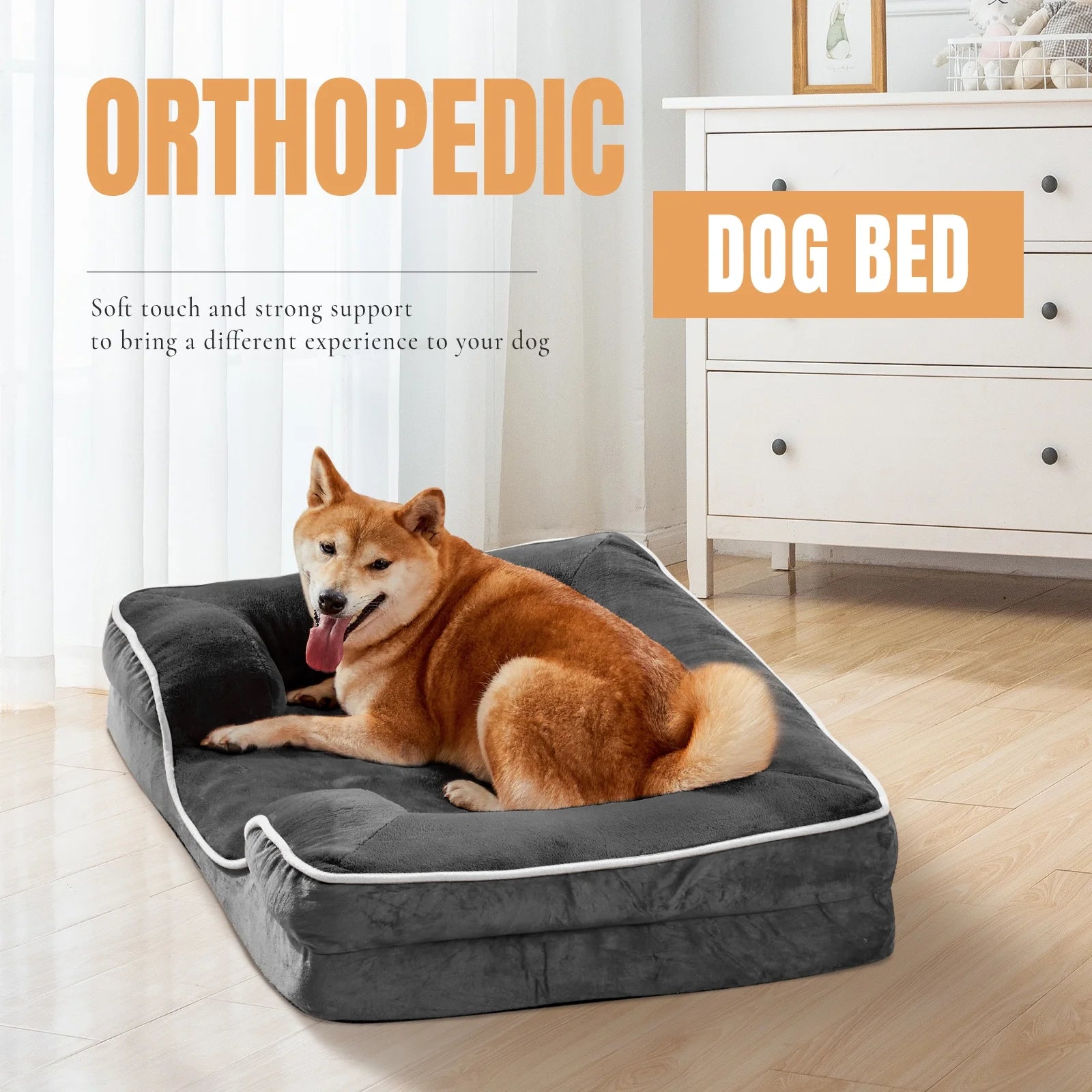 42"X32" Supportive Memory Foam Orthopedic Dog Bed, with Washable Removable Cover, Non-Slip Base, Waterproof, Gray