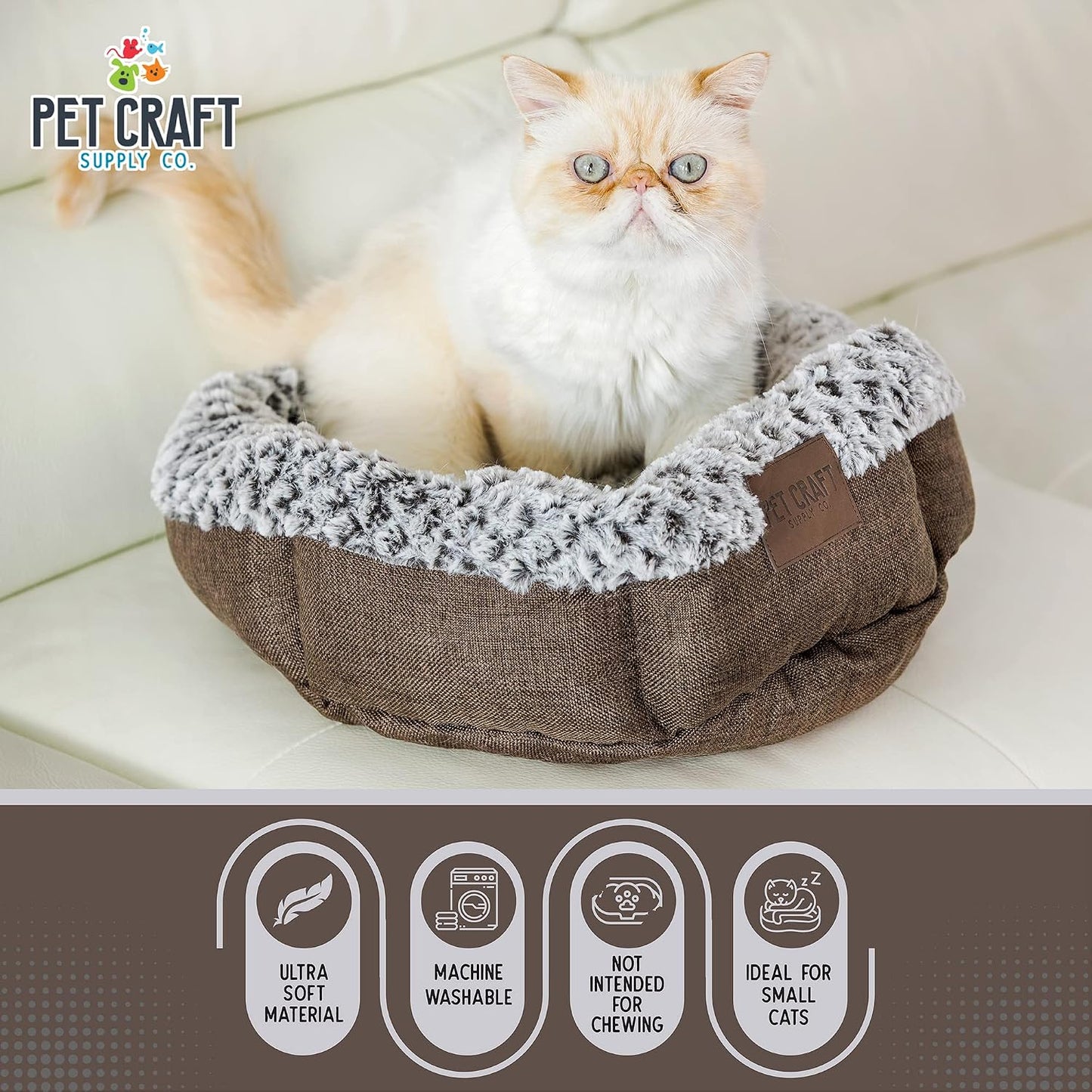 Soho round Cat Bed for Indoor Cats, Ultra Soft Plush, Memory Foam, Machine Washable, Calming Cat Bed,Brown, Small