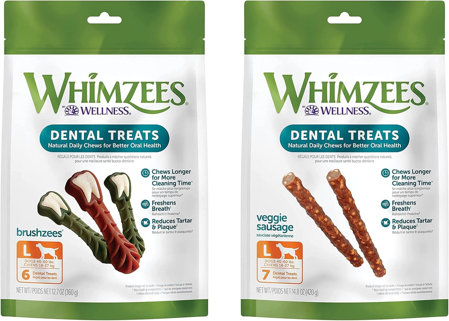 Brushzees Dental Chews for Dogs (Large) and Veggie Sausage Dental Chews for Dogs (Large)