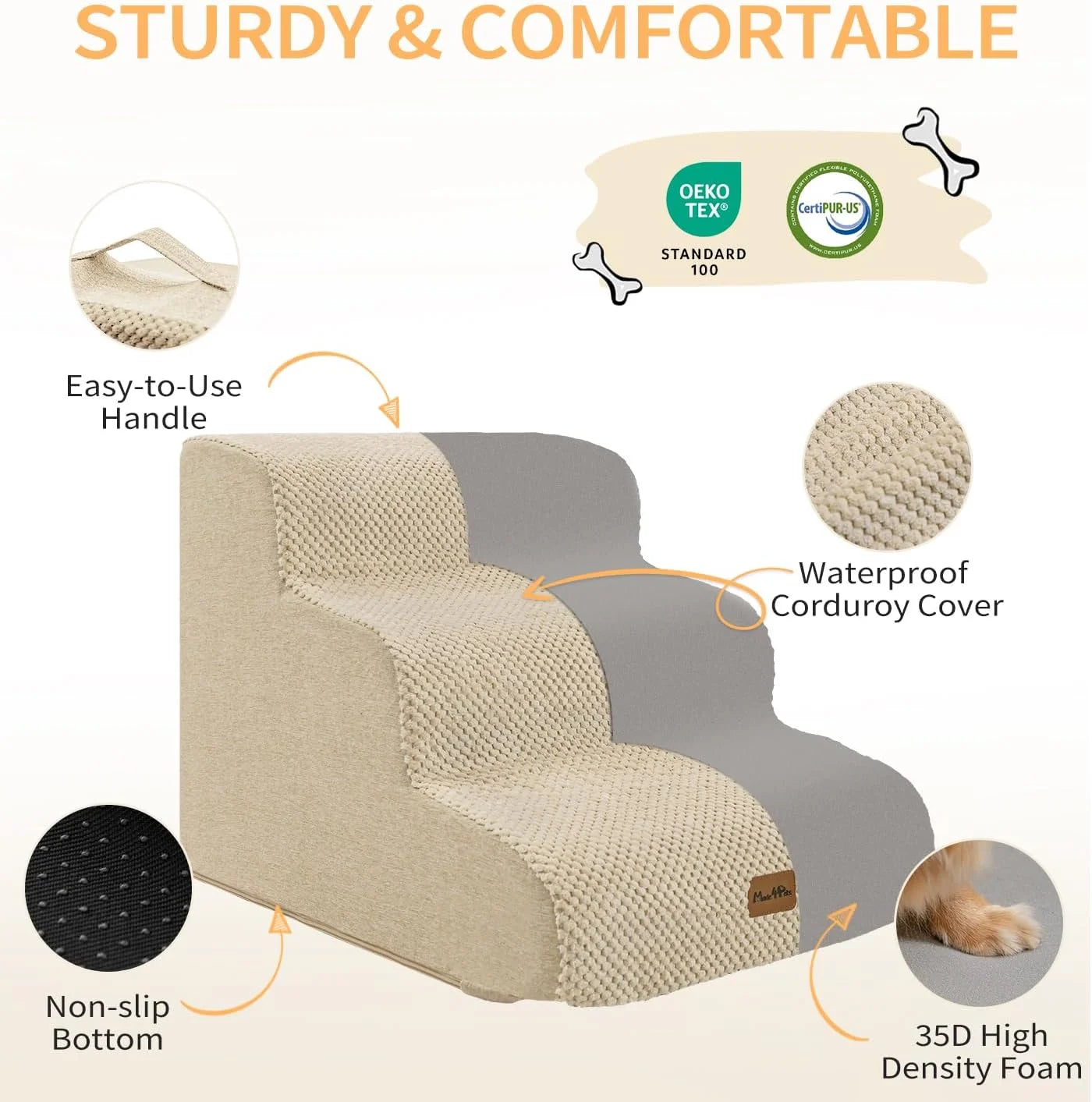 Dog Stairs Ramp for Bed, 4-Step Dog Steps for High Bed Couch Sofa Climbing, Beige