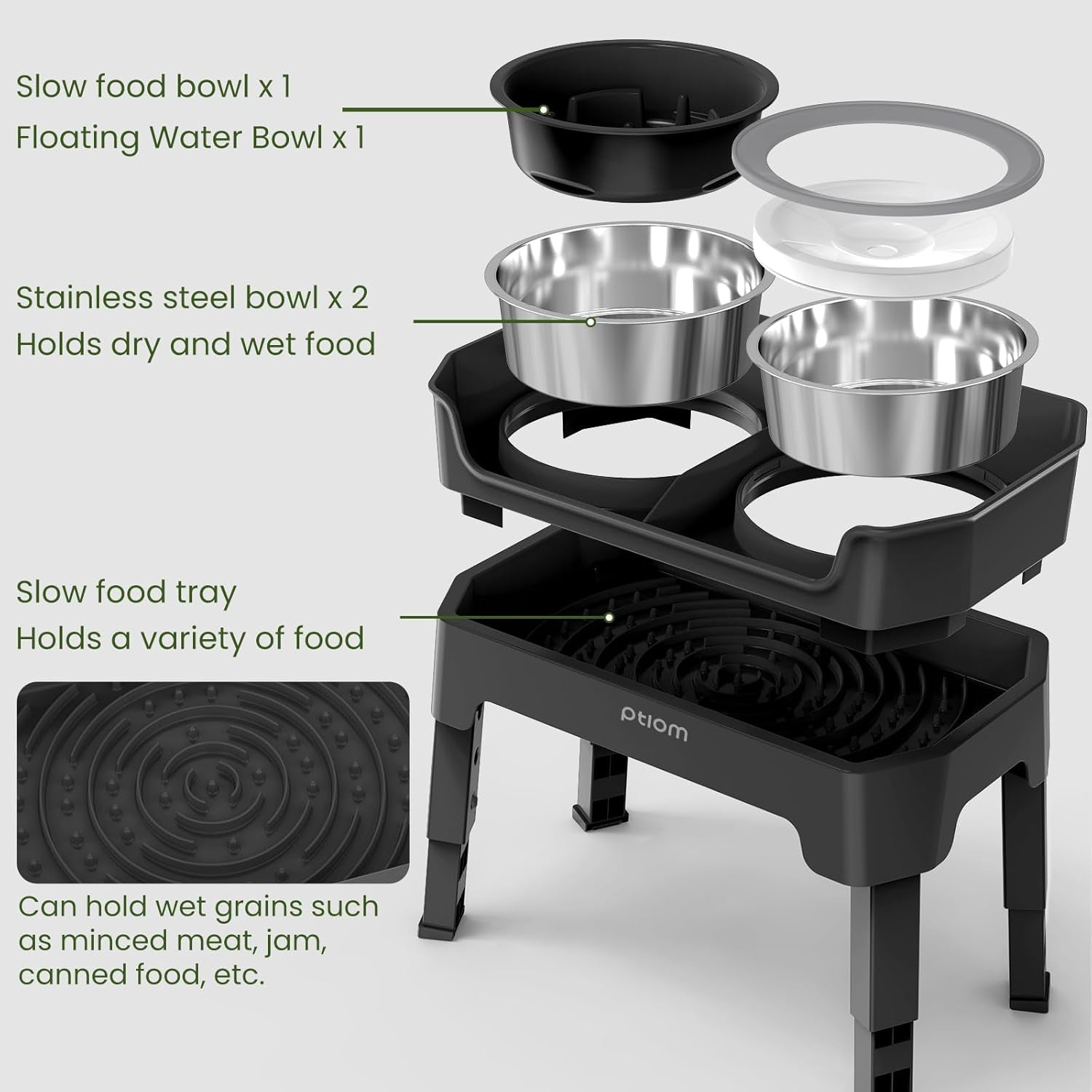 4-In-1 Elevated Slow Feeder Dog Bowls, 4 Height Adjustable Mess Proof Raised Dog Bowl Stand with No Spill Dog Water Bowl, Stainless Steel Dog Food Bowl & Slow Feeder for Large Medium Small Dogs Pets