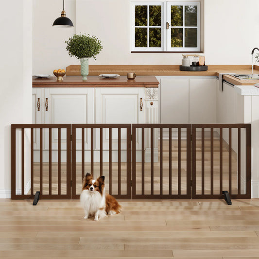 Bamboo Dog Gate Freestanding 4 Panel Pet Gate for Doorways, 2 Support Feet, Espresso