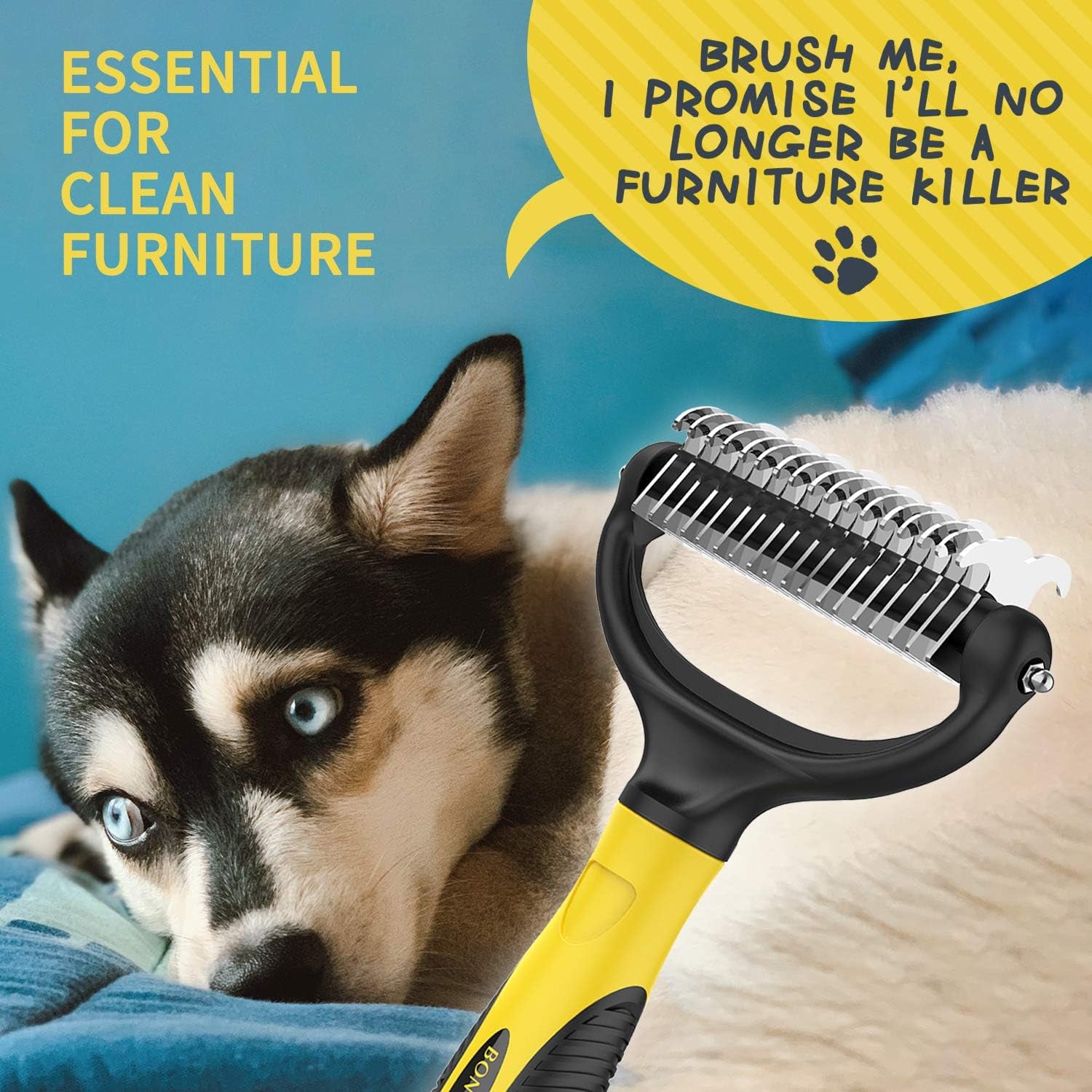 Brush Dog Brush - Double Sided Undercoat Rake for Dogs and Cats, Safe and Gently Dog Brush for Shedding and Dematting, Shedding Comb for Mats & Pet Dematting Tool for Grooming-Yellow