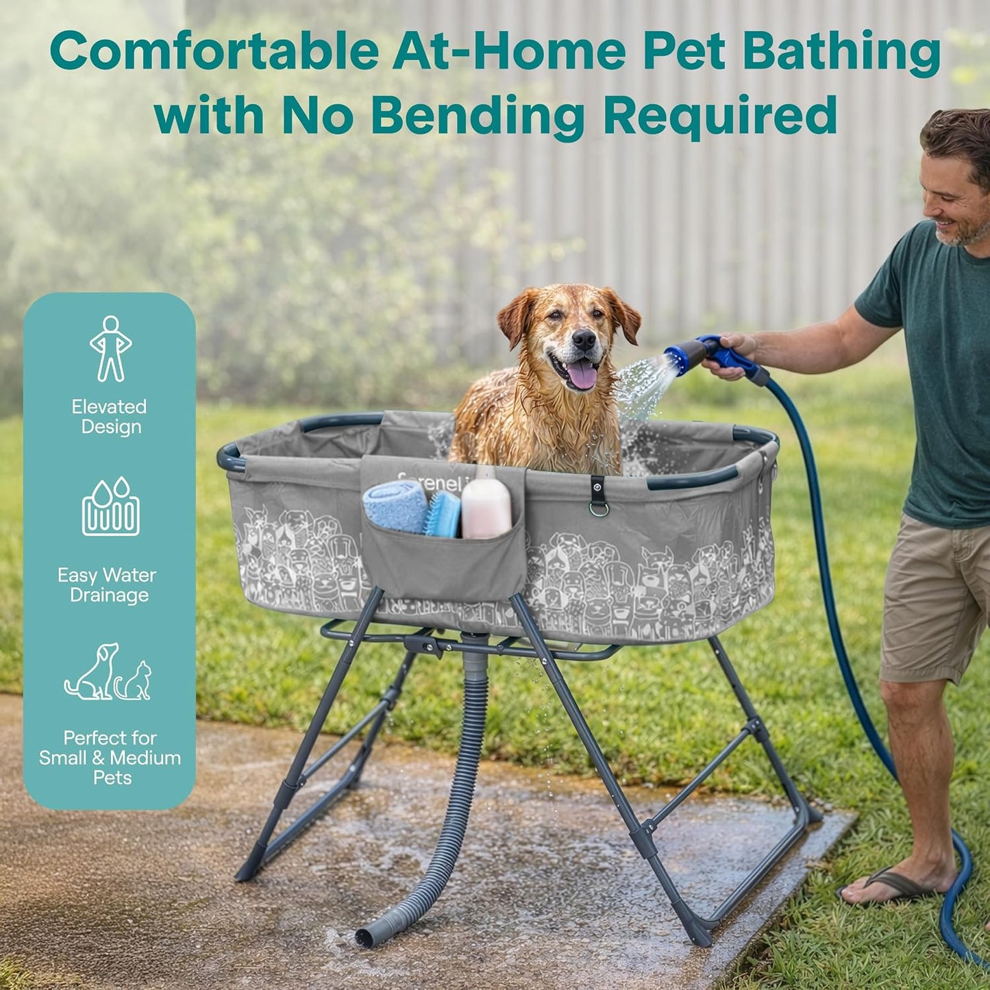 Foldable Dog Bath Tub with Adjustable Height, 360° Access, Drain Hose & Storage Pockets – 130 Lb Capacity Grooming Station for Indoor/Outdoor Use (Gray)