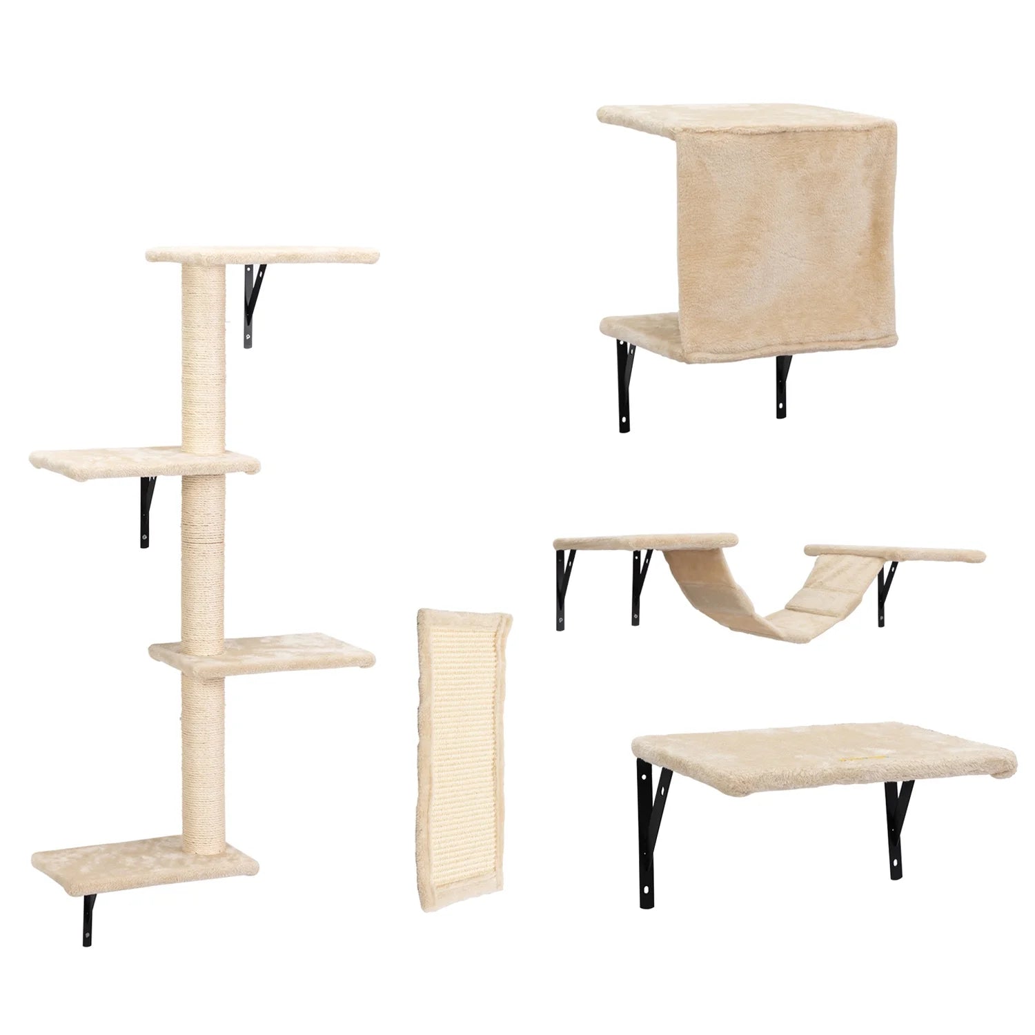 Cat Wall Shelves and Perches Set of 5, Sleeping Playing Lounging Climbing Cat Tree House for Multiple Cats, Beige