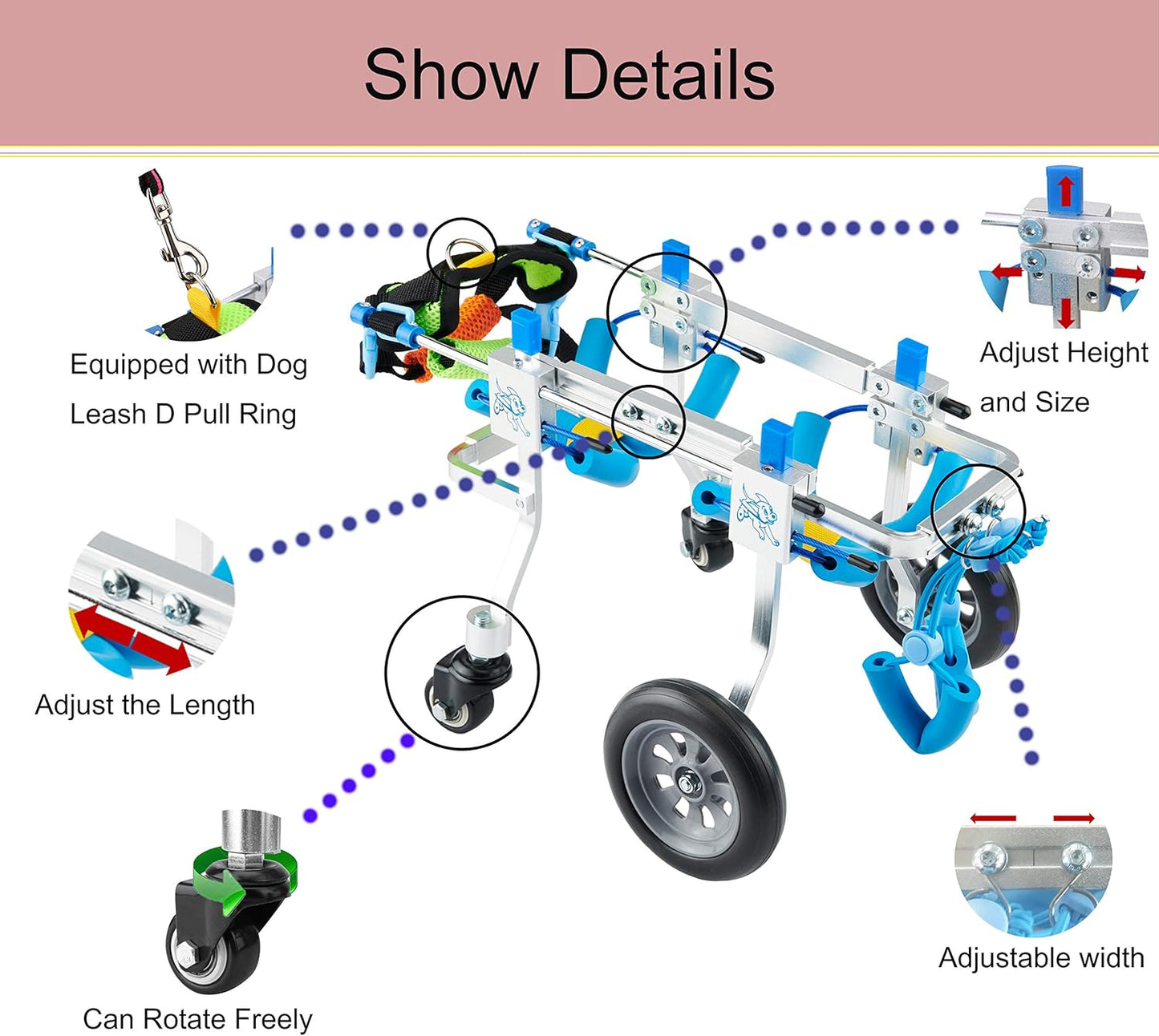 4 Wheel Adjustable Dog Wheelchair, Detachable Dog Wheelchair, Pet Rehabilitation Cart, Pet Wheelchair, Lightweight Aluminum Dog Wheelchair (XXS)
