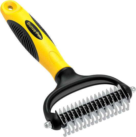 Brush Dog Brush - Double Sided Undercoat Rake for Dogs and Cats, Safe and Gently Dog Brush for Shedding and Dematting, Shedding Comb for Mats & Pet Dematting Tool for Grooming-Yellow