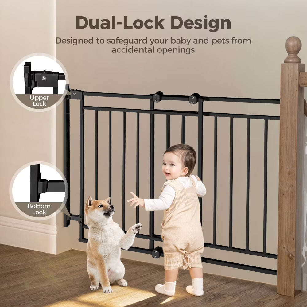 Pet Gate No Bottom Bar,  27.5-43" Pet Safety Gate for Stairs and Doorways, Black
