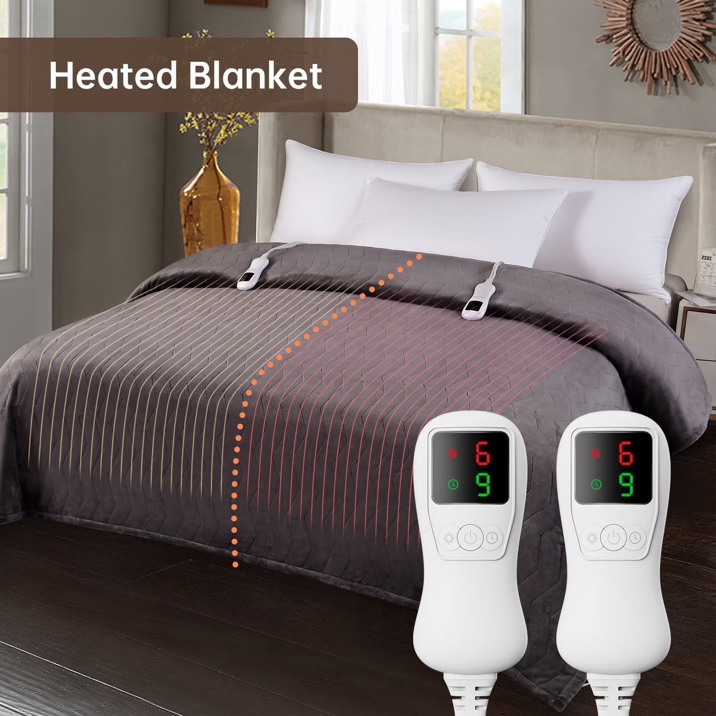Heated Blanket Queen Size, Washable Heated Blanket Electric, Electric Blanket, Charcoal Gray, 84" X 90", Blanket Warmer Heating Blanket Heat Warming Blanket Electric Blanket Heater