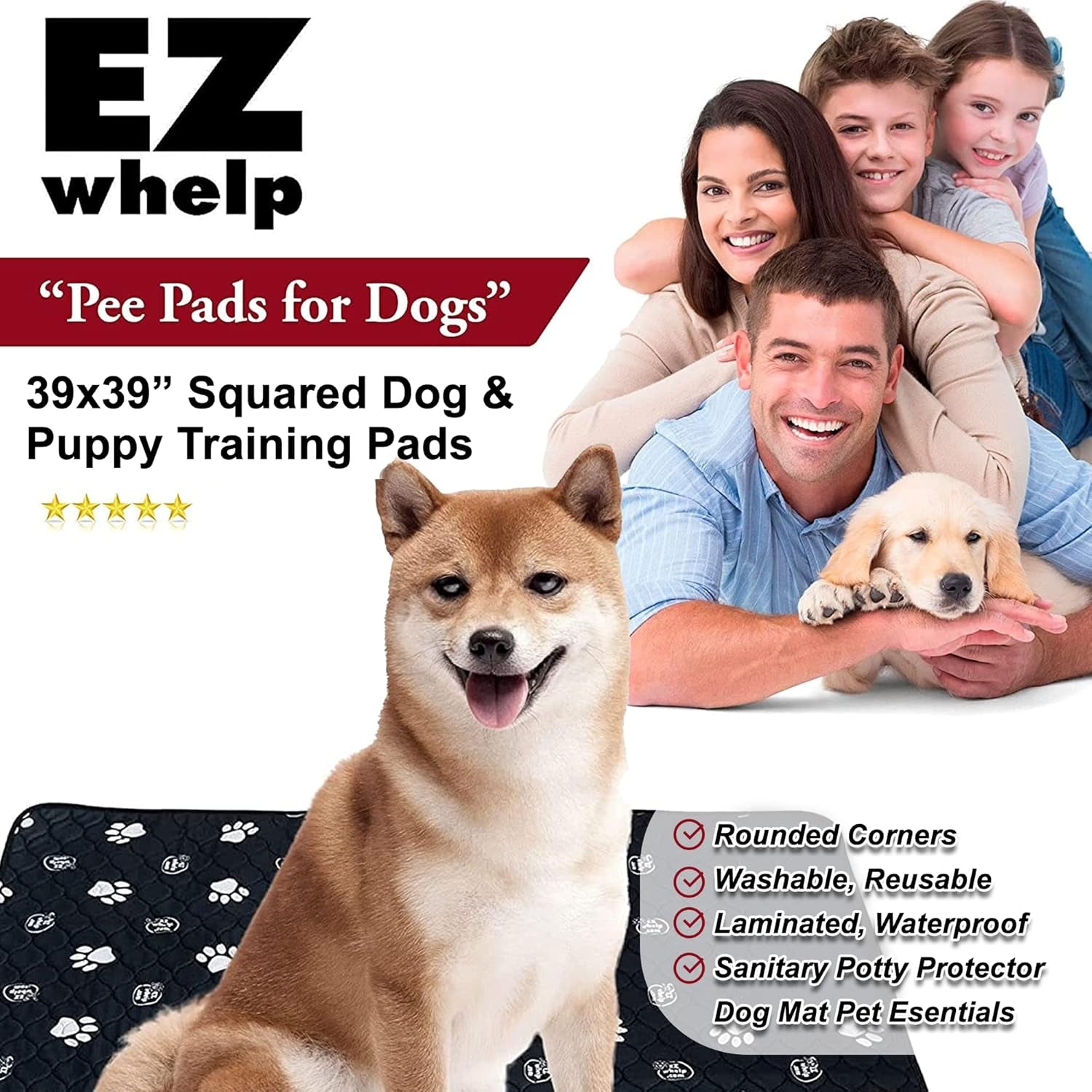 Reusable Dog Pee Pads, Washable Waterproof Mats for Dog Potty Training or Whelping Pads, 39X39 Inch, 2 Pack