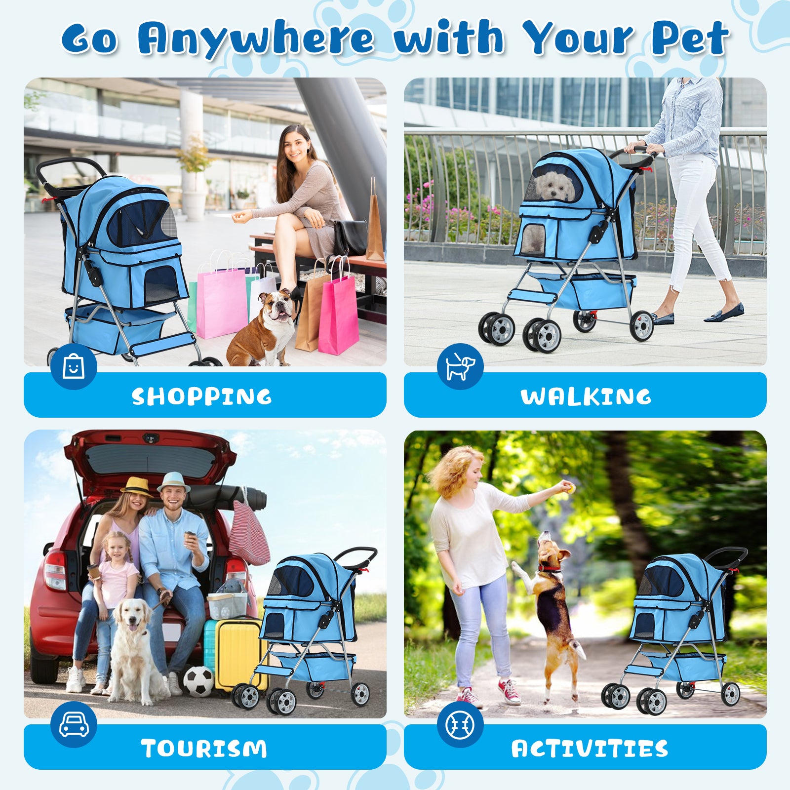 4 Wheels Pet Stroller Folding Cat Dog Stroller Travel Carrier with Cup Holder & Storage Basket, Blue