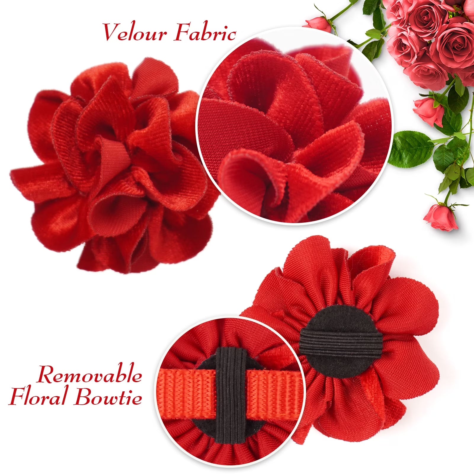 2 Pack Cat Collar Floral with Bell and Removable Flower Bowtie Breakaway Adjustable Velvet Fabric Cat Collar for Pets Holiday Party and Daily Decoration, Wine Red & Rose Pink