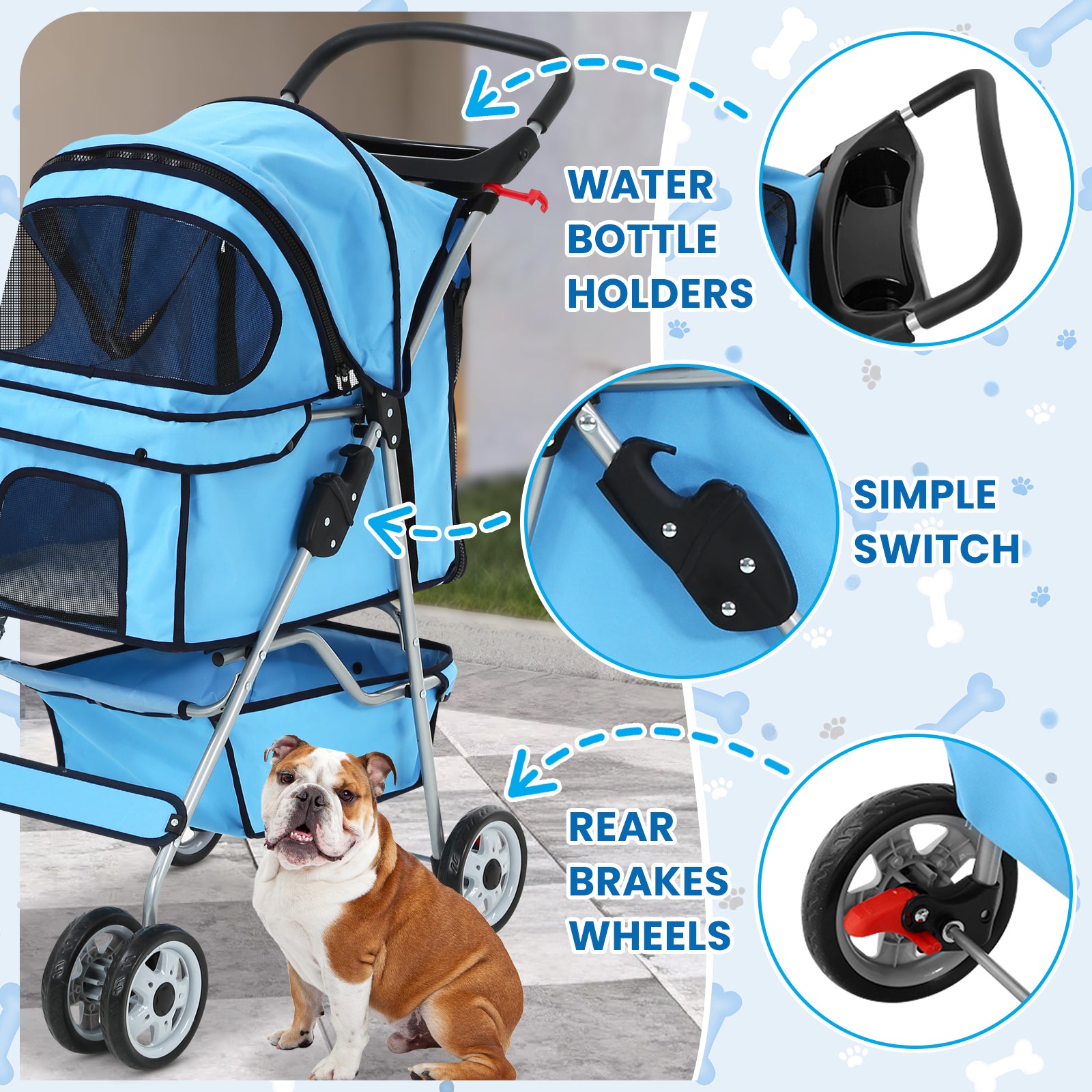 4 Wheels Pet Stroller Folding Cat Dog Stroller Travel Carrier with Cup Holder & Storage Basket, Blue